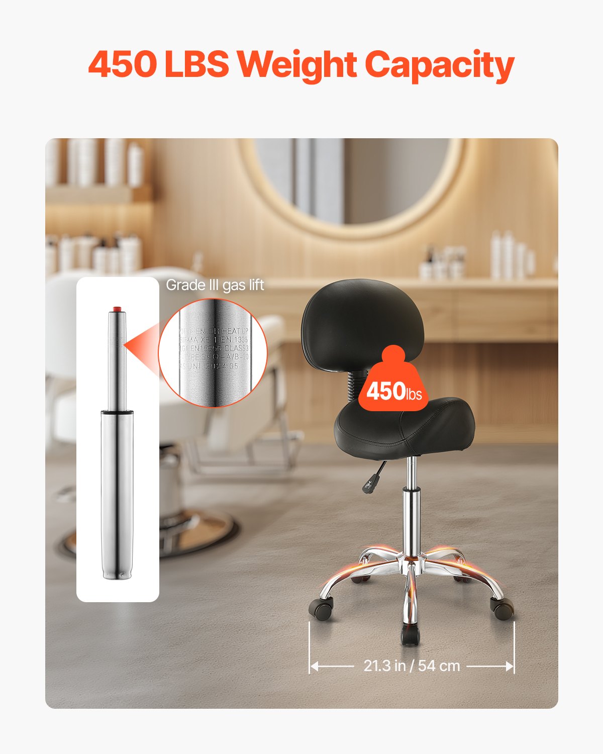 Saddle Stool With Back Support And Wheels, 450 LBS Weight Capacity Ergonomic Rolling Stool, Height Adjustable Thickened PU Leather Swivel Saddle Chair For Salon, Spa, Massage, Tattoo, Black — image 3