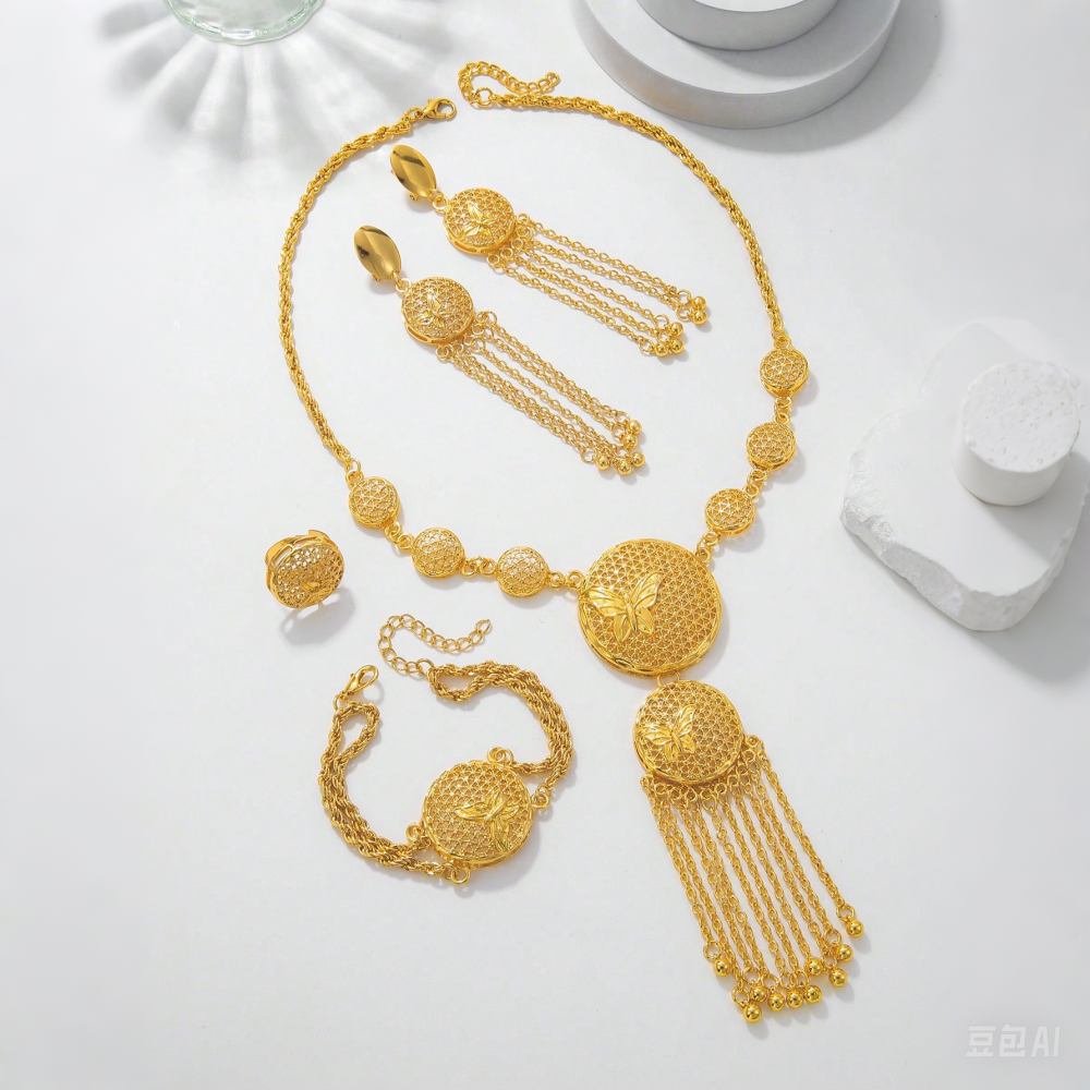 Set de Joyería Elegante y Deslumbrante de Mariposa Estilo Medio Oriente, Decoración de Boda, Collar, Aretes, Pulseras y Anillo Para Mujer — imagen 4
