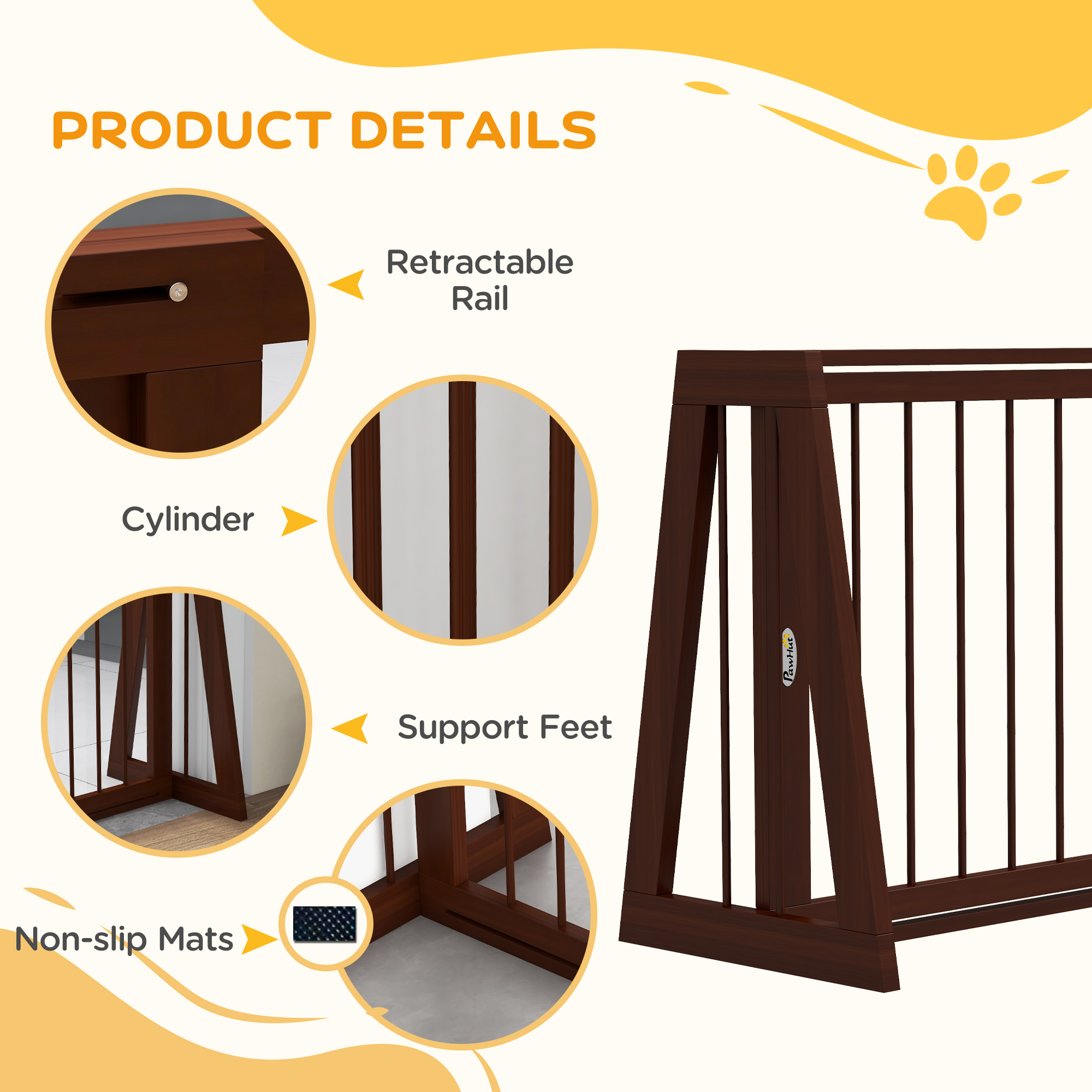 28"-75" Freestanding Wooden Pet Gate with Support Feet & Non-Slip Mats for Indoor, Stairway, Doorway, Brown — image 4