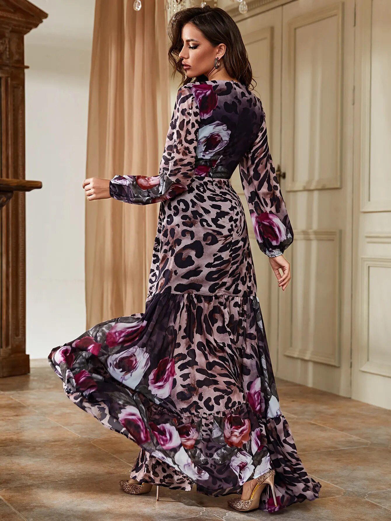 Leopard Print Cut Out Plunging Neck Lantern Sleeve Ruffle Hem Dress — image 3