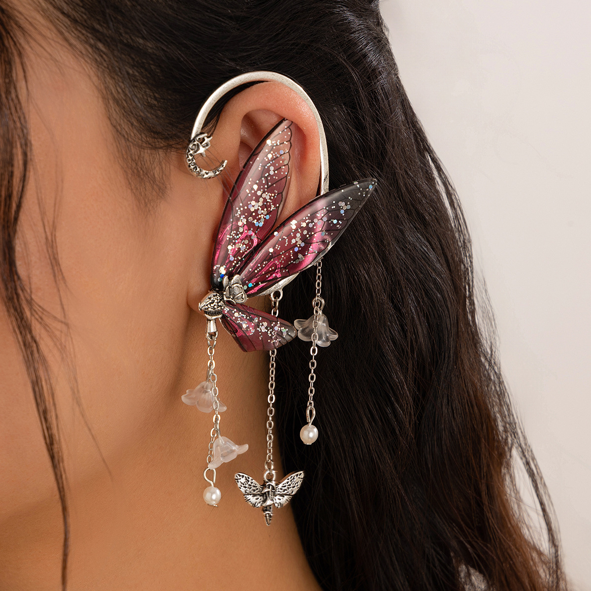 Forest style elf ear tassel ear hanging butterfly outline earring jewelry wing ear clip — image 6