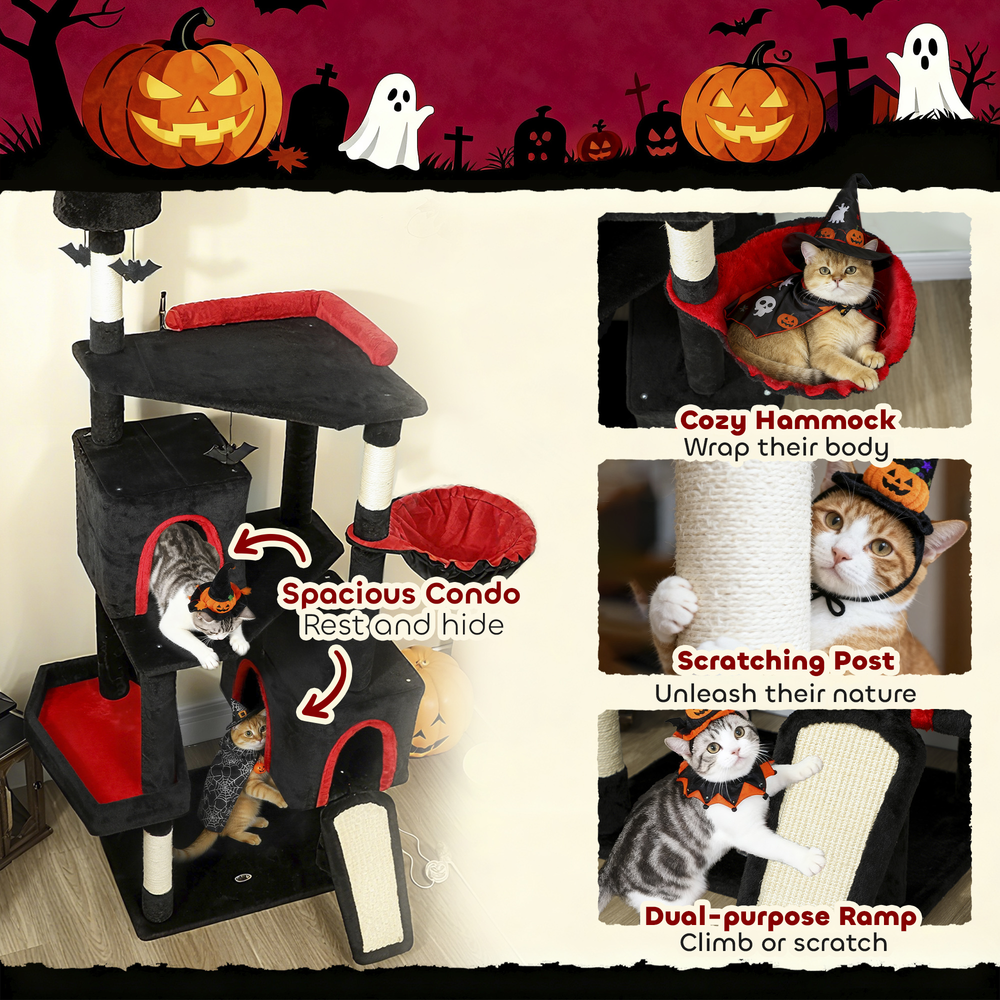 Árbol Gótico para Gatos de 78" con Caja de Tumba, 2 Condominios Espaciosos, Postes de Escarbar de Sisal, Bolas de Murciélagos y Decoración de Halloween — imagen 4