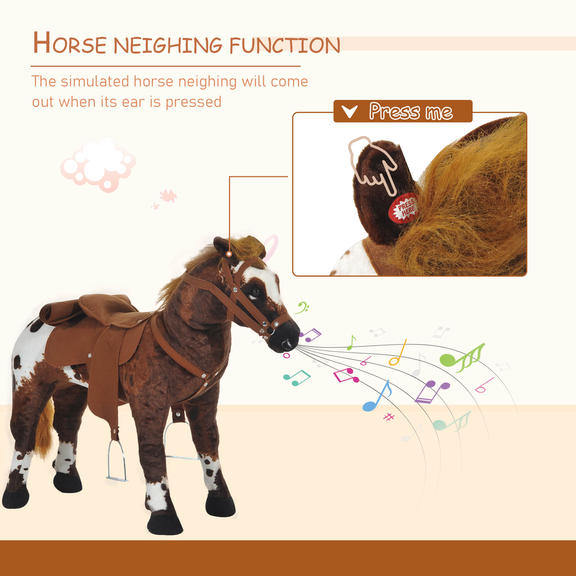 Sound-Making Ride On Horse for Toddlers 3-5, with Neighing and Galloping Sound, Stuffed Animal Horse Toy for Kids with Padding, Soft Feel, Brown — image 4