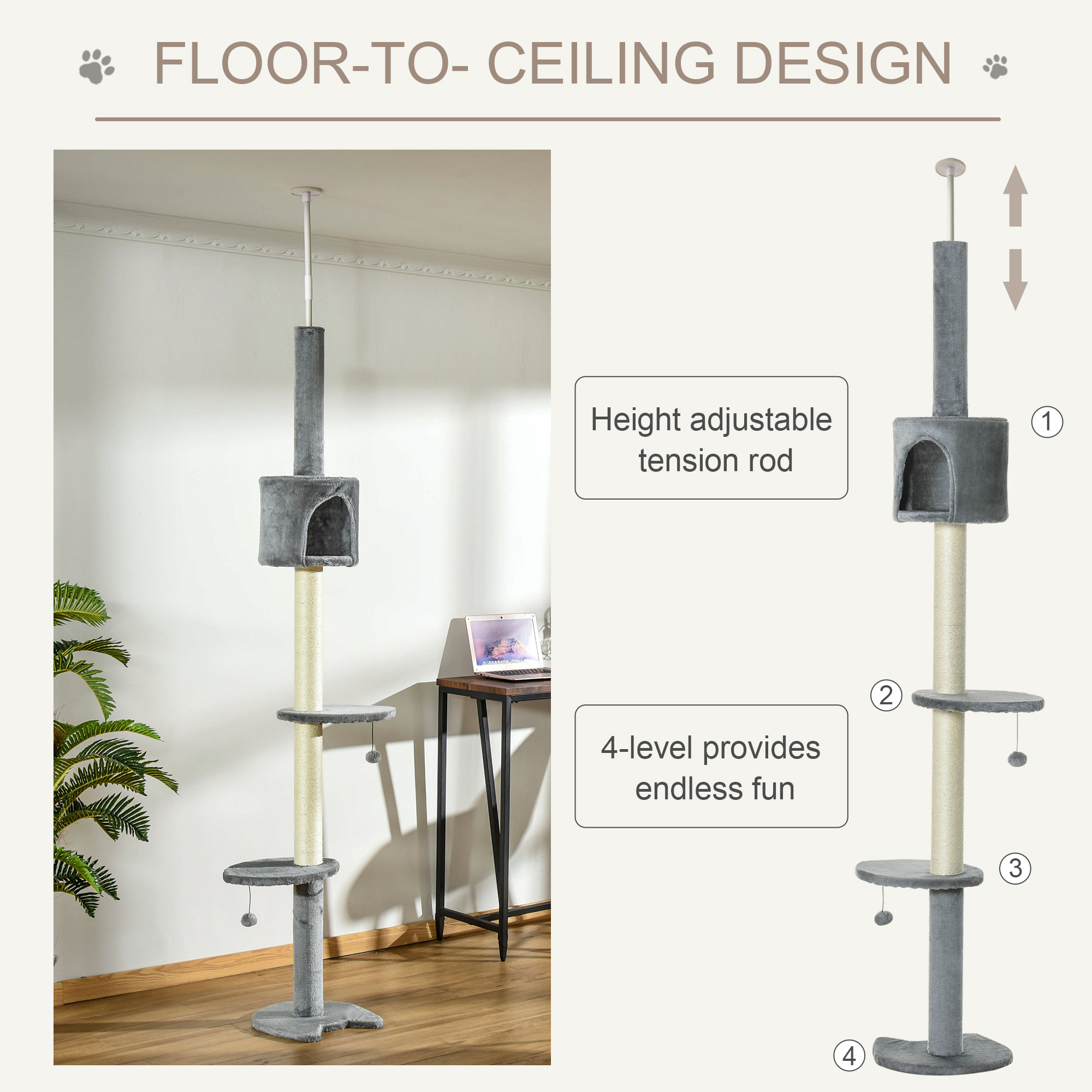 100" Cat Tree Height Adjustable Floor-to-Ceiling 4-Tier Kitty Climbing Activity Center Condo Cat Toy with Scratching Post Hanging Balls Play Rest Post Pet Furniture Grey — image 7