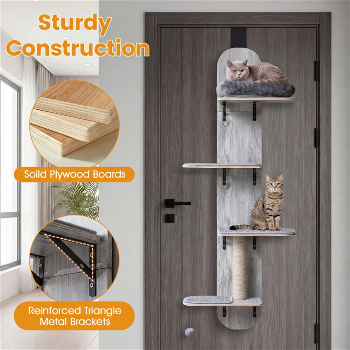 Door Hanging Cat Tree 5-Level Height Adjustable 4-Tier Climber No-Drill for Apartment Grey — image 10