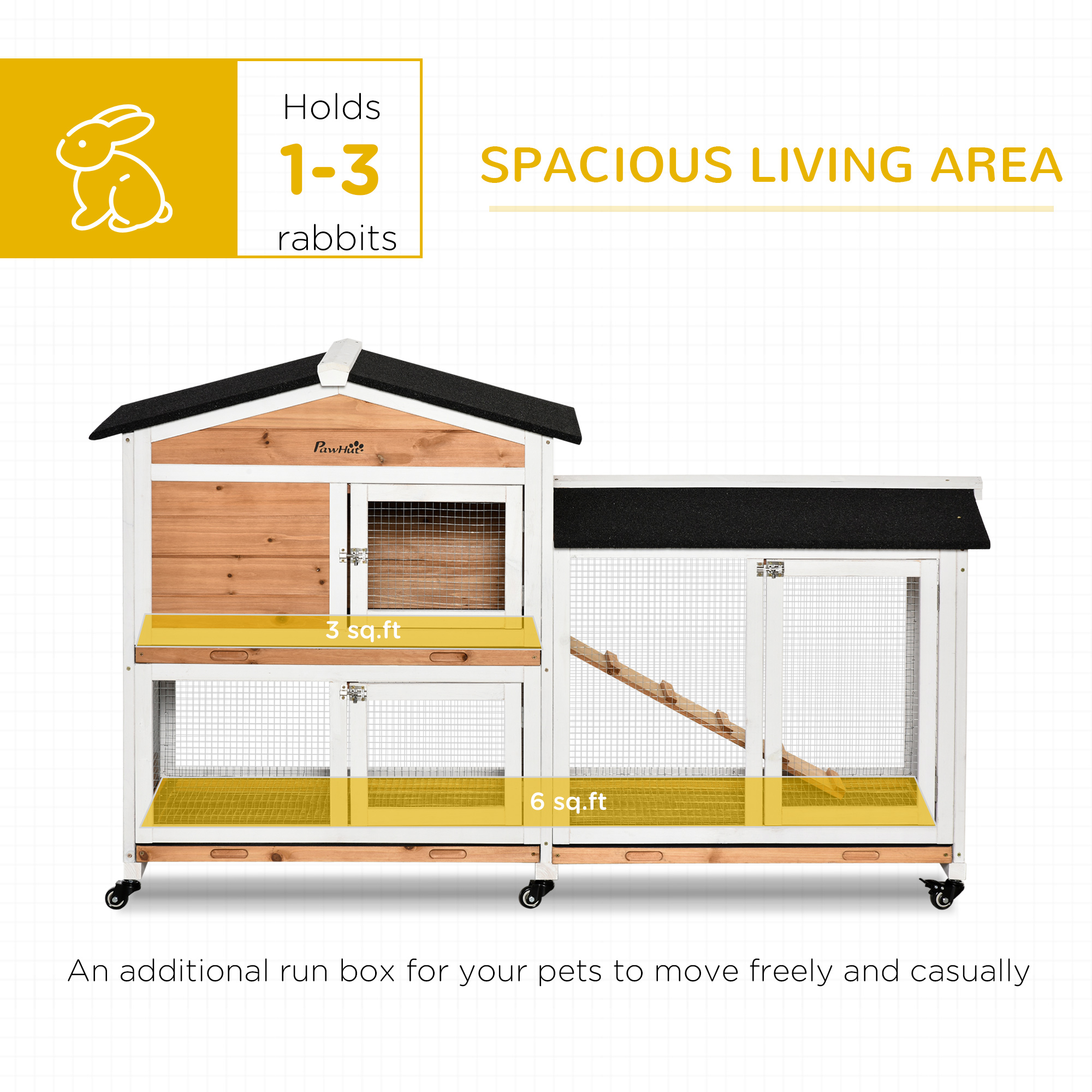 62" Wooden Mobile Rabbit Hutch With Wheels, Run Box, Slide-out Tray, Ramp, Yellow — imagen 4