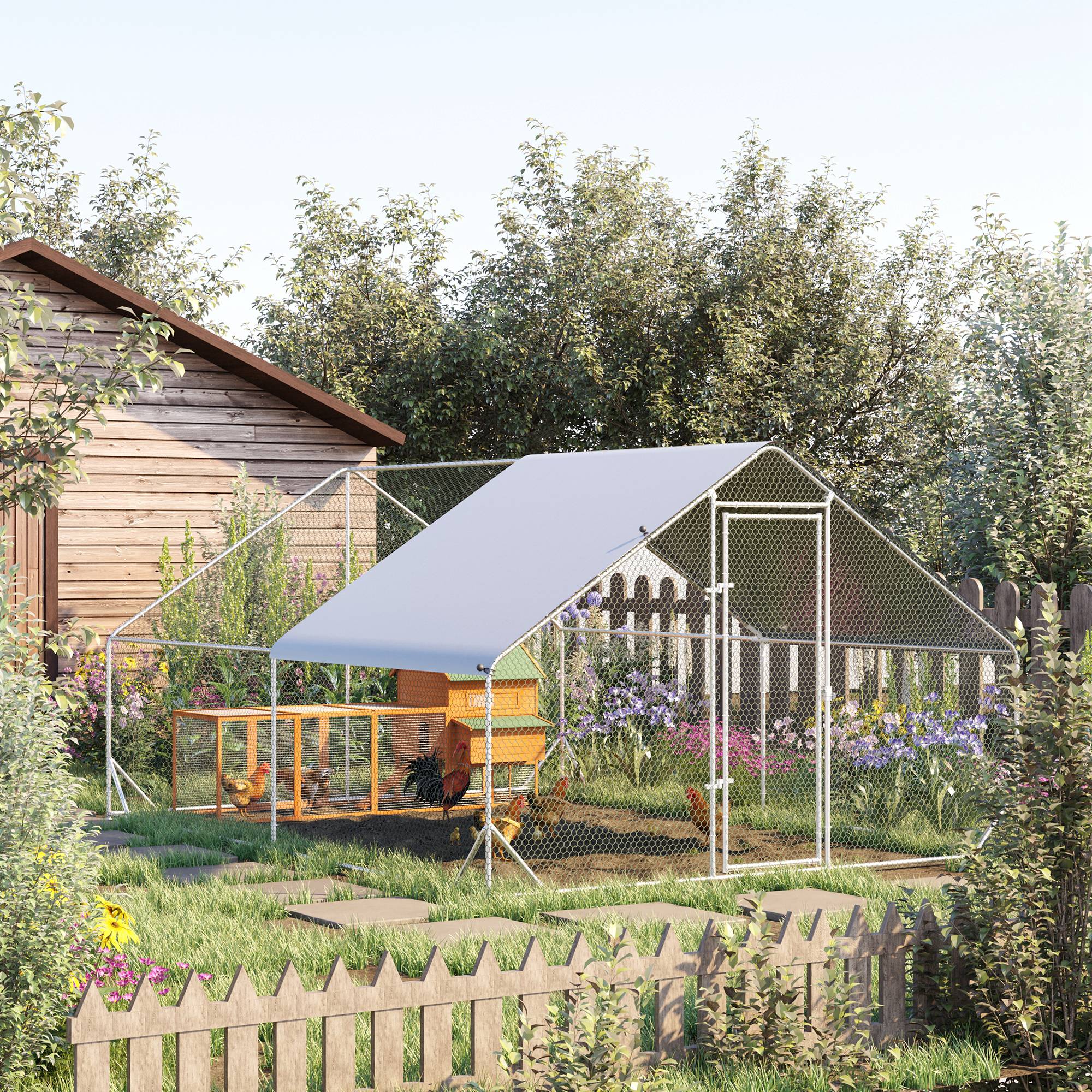 Corral para Gallinas de Estructura Metálica 10 x 13 x 6.5, Gallinero Exterior con Cubierta y Puerta con Cerradura — imagen 1