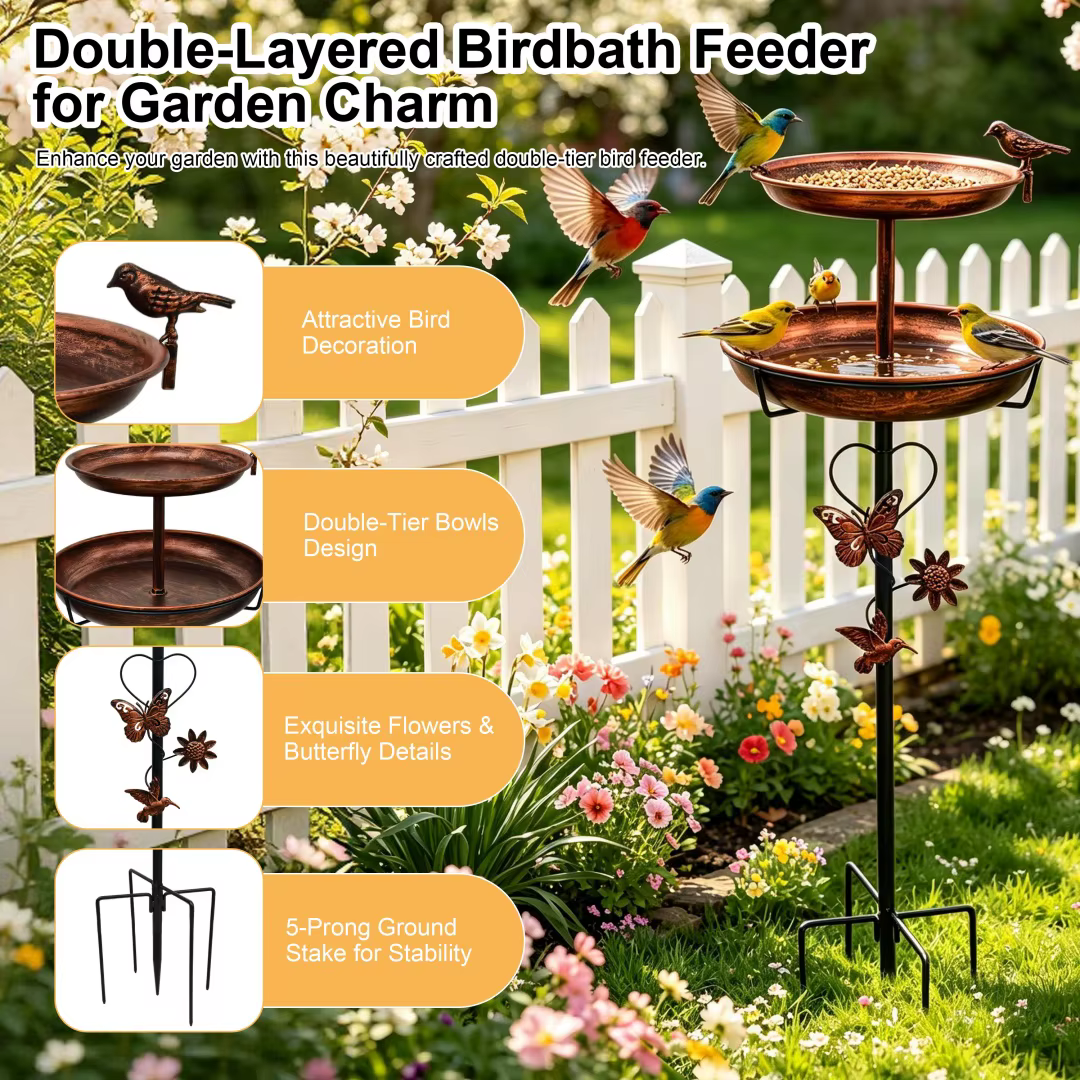Outdoor Double-Layer Bird Feeder Birdbaths Bowl Freestanding Bird Bath Stand for Garden Yard Patio Decor with 5-Pronged Base — image 8