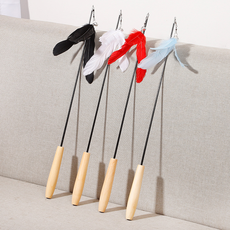 New Pet Products Wood Handle Carbon Fiber Rod Two Section Telescopic Cat Stick Monochrome Feather Bell Cat Toy — image 2