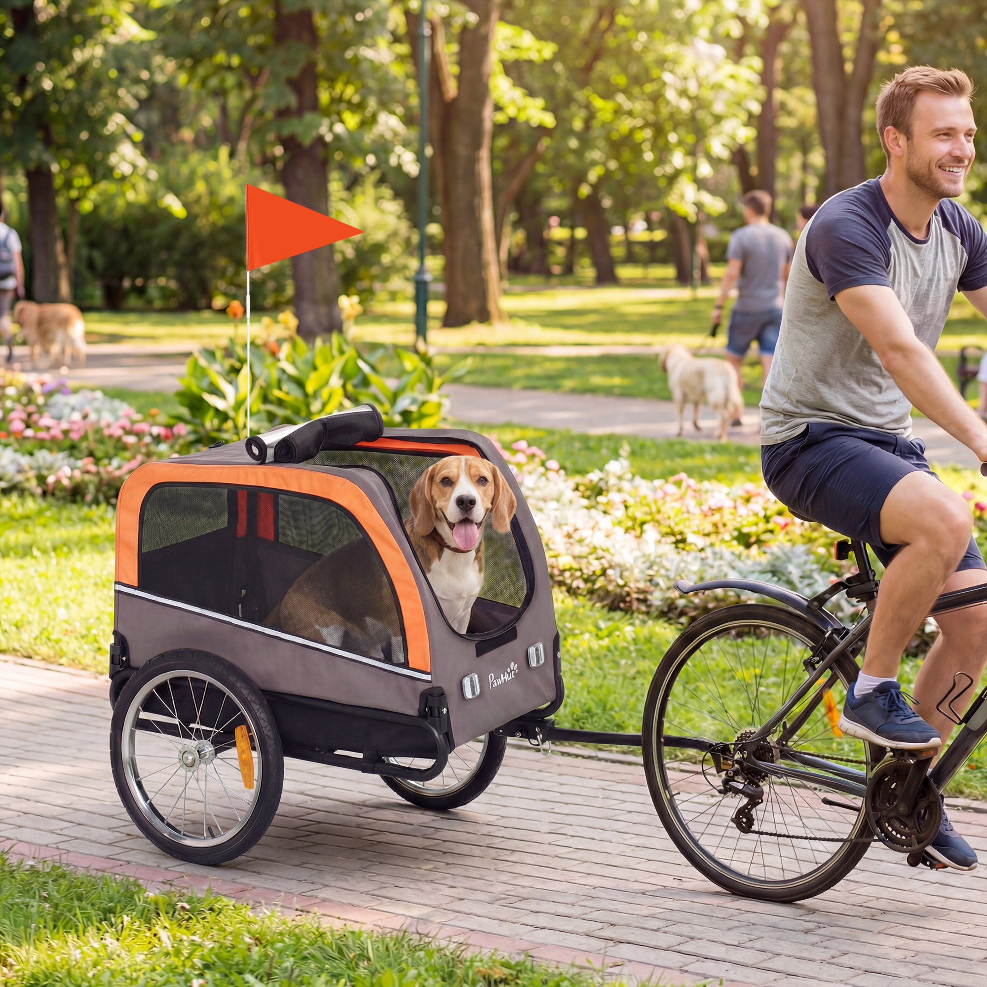 Remolque para Perros de Bicicleta, Carrito de Mascotas con 2 Entradas, Ruedas de Liberación Rápida, Reflectores, Bandera y Cuerda de Seguridad — imagen 1