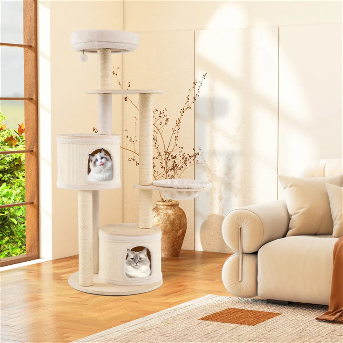 Tall Wooden Cat Tree Multi-Level Cat Tower with Sisal Scratching Posts & Condos for Indoor Cats, Natural — image 7