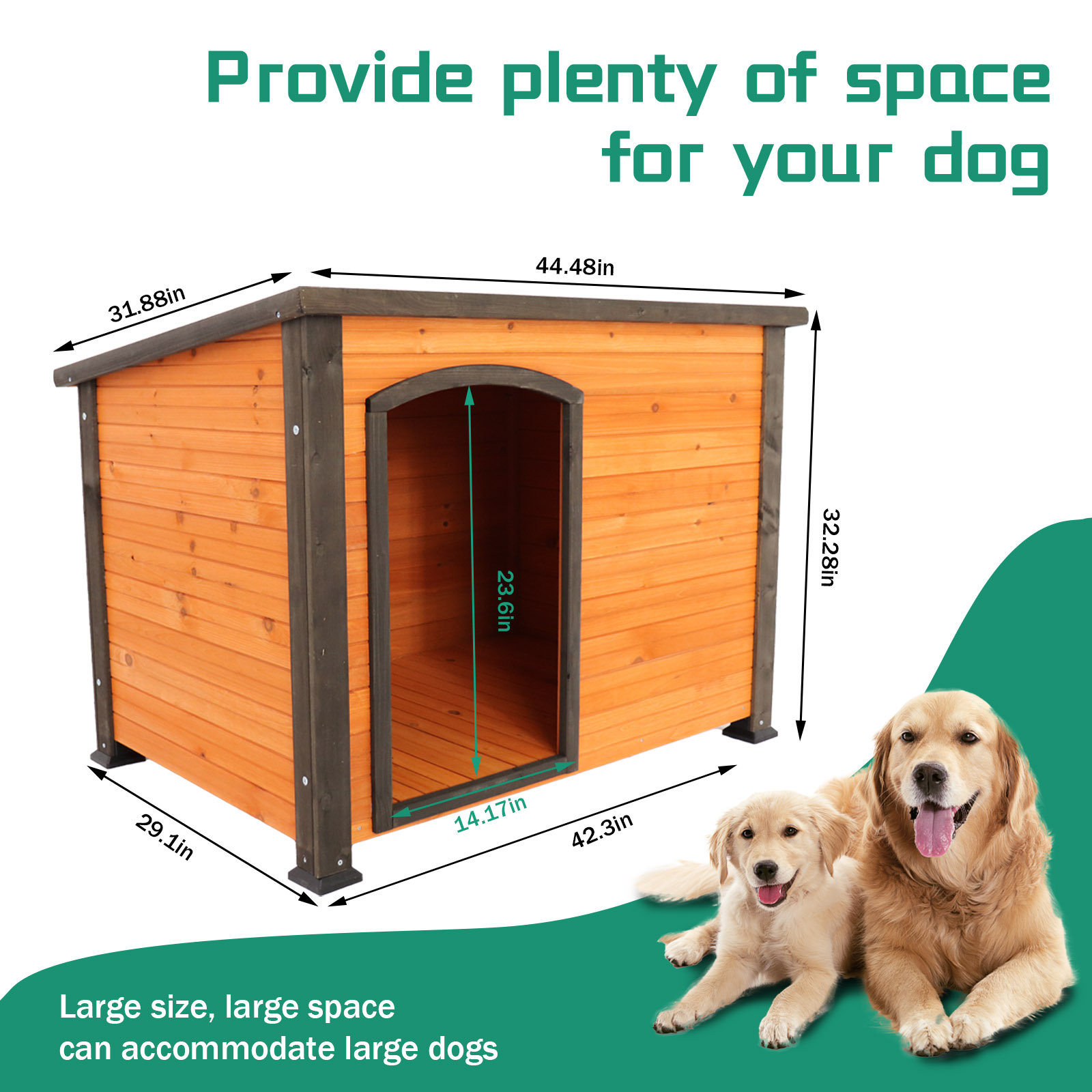 Casa para perro de 45" para exterior e interior, caseta de madera con tira para invierno y patas elevadas, resistente a la intemperie para perros grandes, dorado, rojo y negro — imagen 4