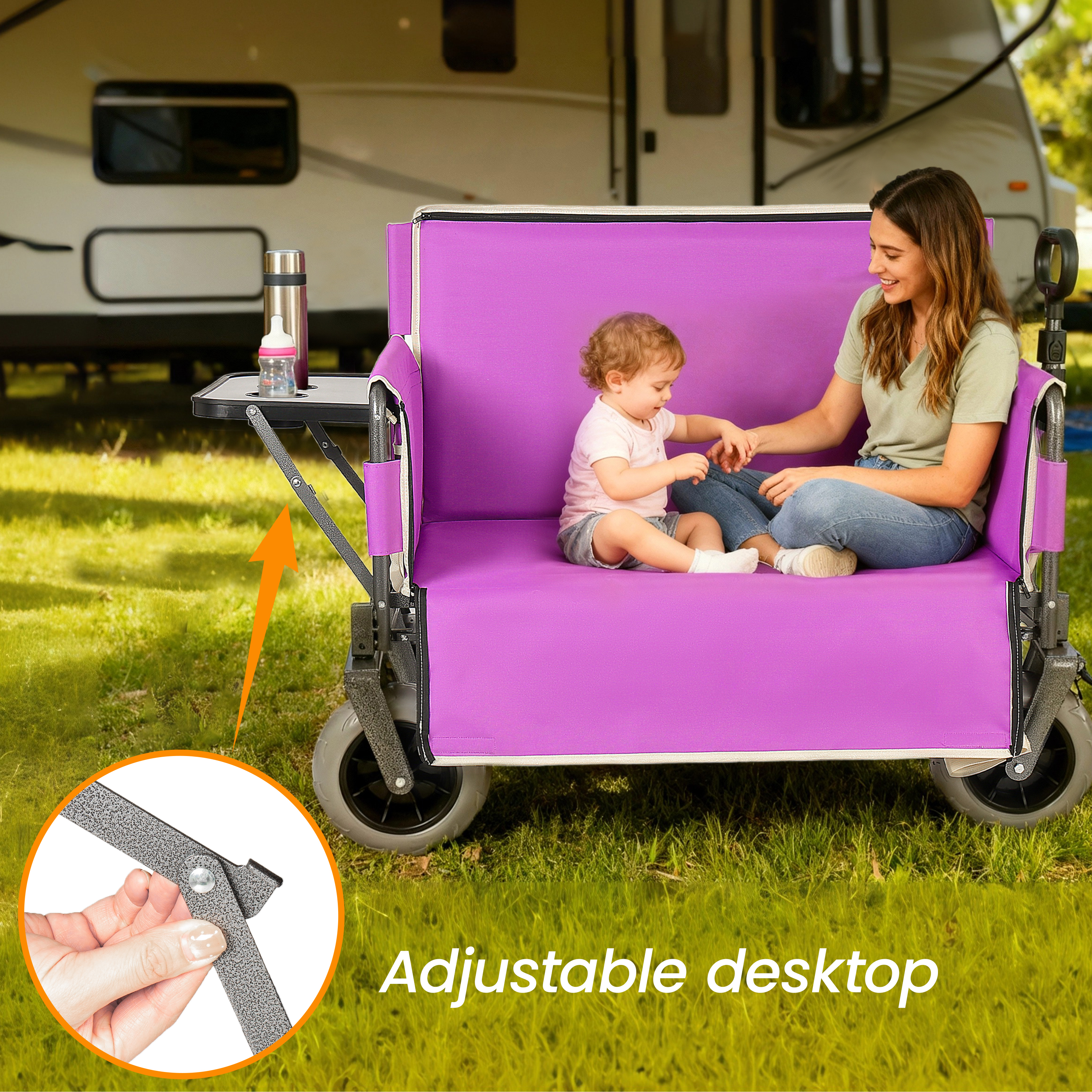 Carreta Plegable 3 en 1 que se Convierte en Banco, Carrito Plegable Convertible con Mesa Plegable Trasera, Resistente hasta 500lbs, Capacidad de 180L, para Camping, Playa, Jardín y Pesca - Morado — imagen 2