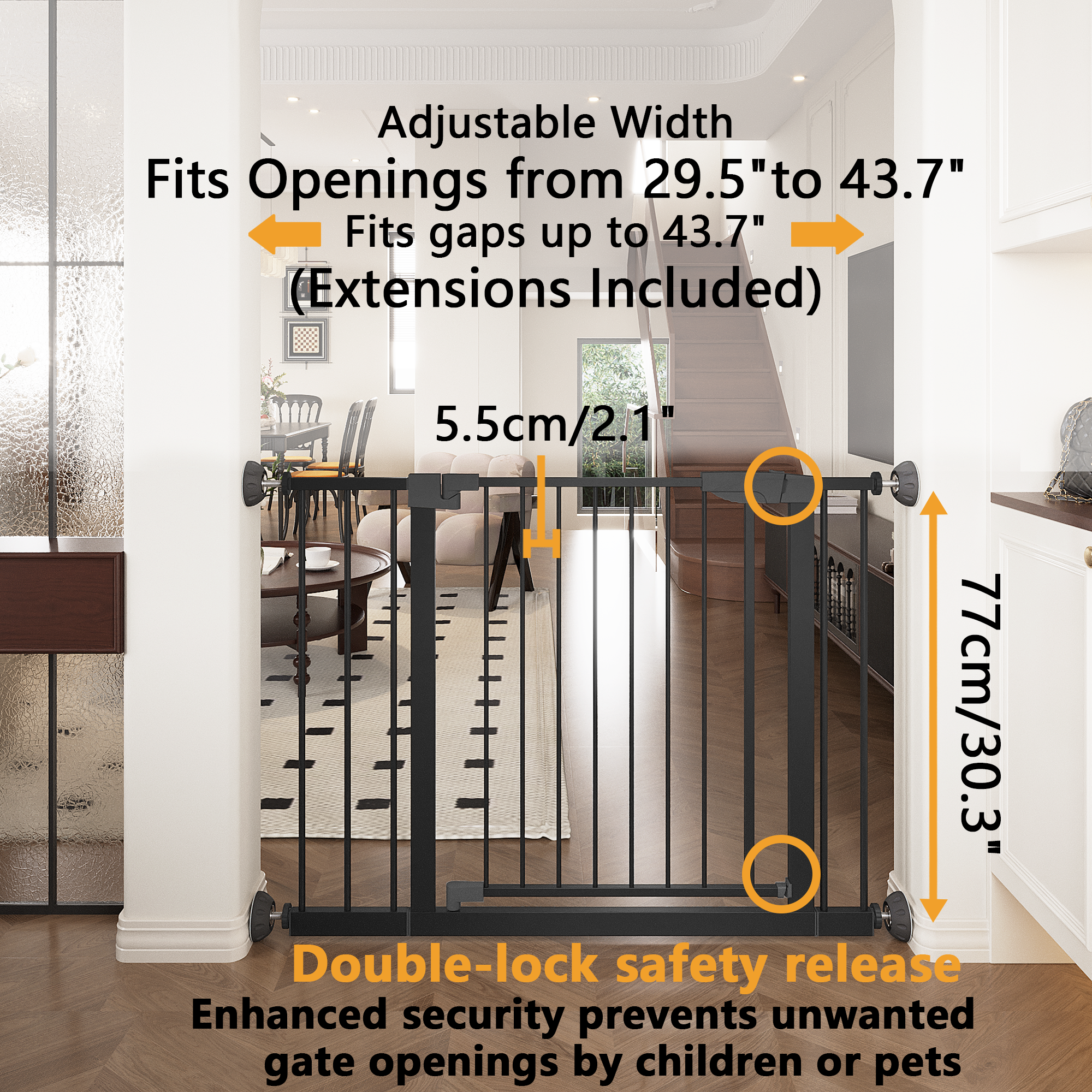 Reja para Bebés Ancha de 29.5-45.3" con Protector de Pared para Escaleras, Reja para Perros de Interior para Puertas, Sin Taladrar, Montaje a Presión, Rejas para Mascotas para Niños, Reja de Seguridad Fácil de Cruzar, Negra — imagen 27