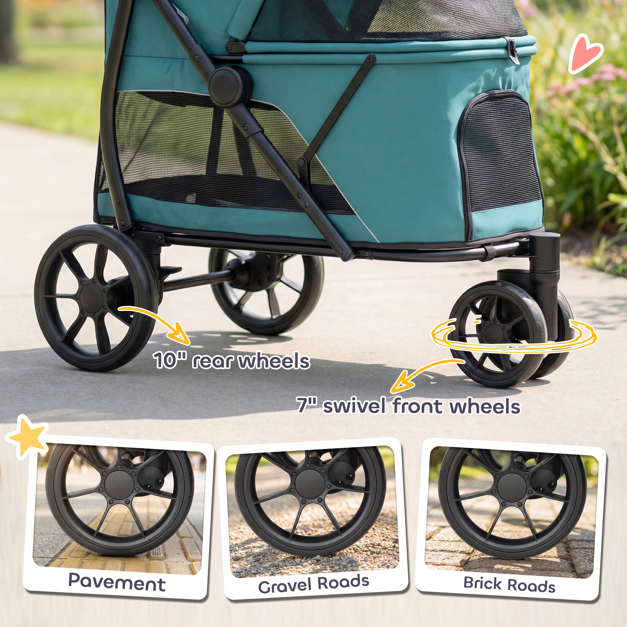 3 Wheel Pet Stroller with Easy One-Click Quick Fold, Mesh Window, Washable Cushion, for Medium Dogs, Dark Green — image 8