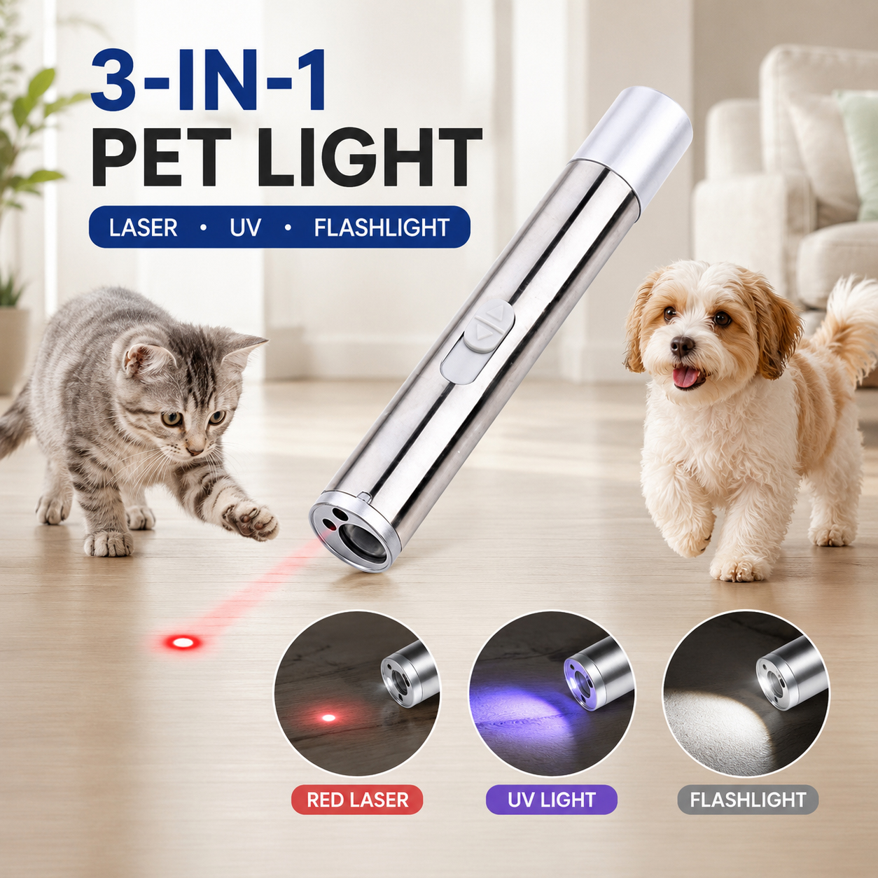 3-in-1 Pet Laser Pointer For Cats & Dogs, Cat Laser Pointer, USB Rechargeable Pet Toy With Red Laser, UV Light & LED Flashlight, Interactive Cat Toy For Indoor Play, Portable Multi-Function Light Pen — image 3