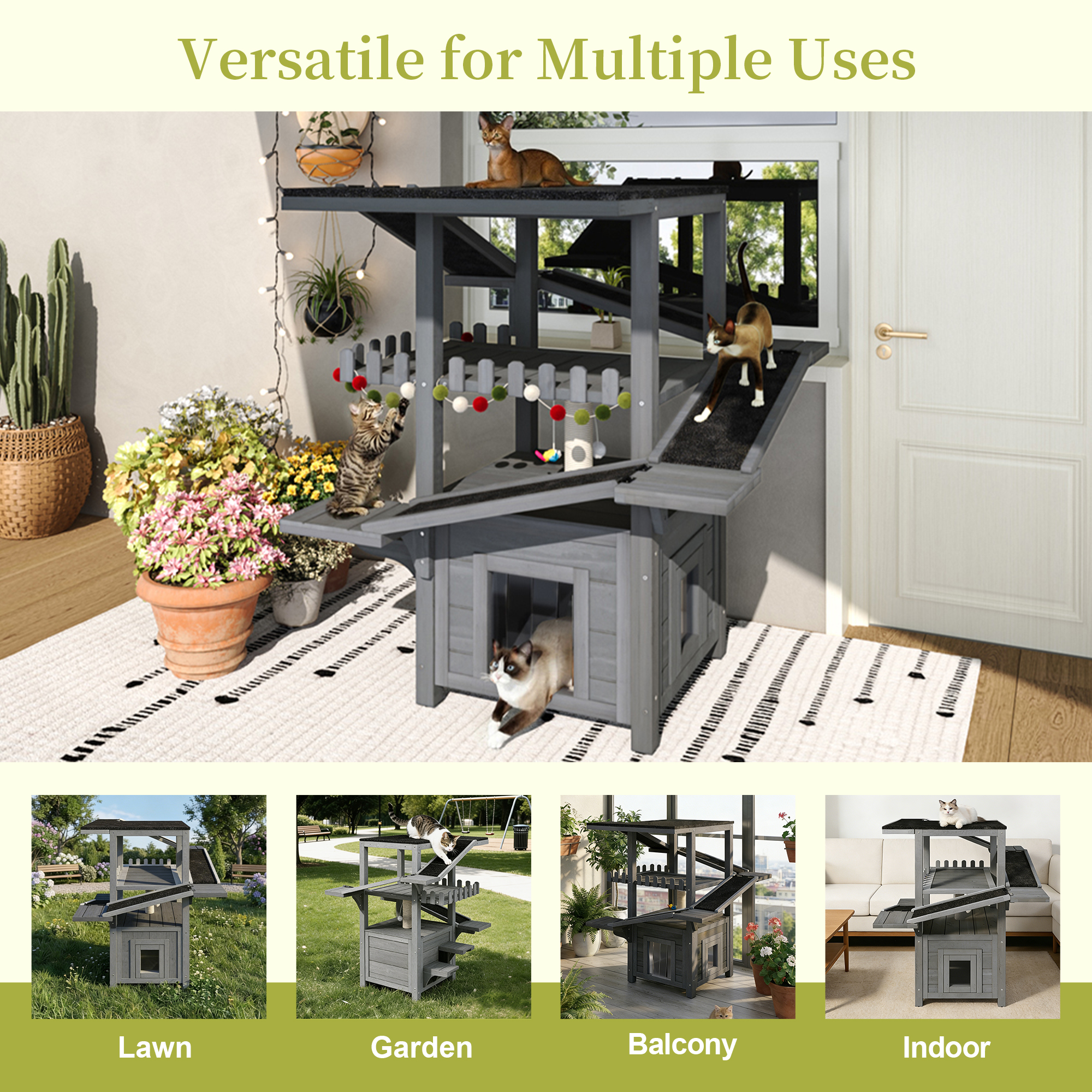 Casa para Gatos de Exterior de 4 Niveles, Torre para Gatos Resistente a la Intemperie con Techo Impermeable y 2 Puertas, Refugio para Gatos Callejeros al Aire Libre, Zonas de Juego de Varios Niveles con Balcón, Para Animales Pequeños, Gris — imagen 5