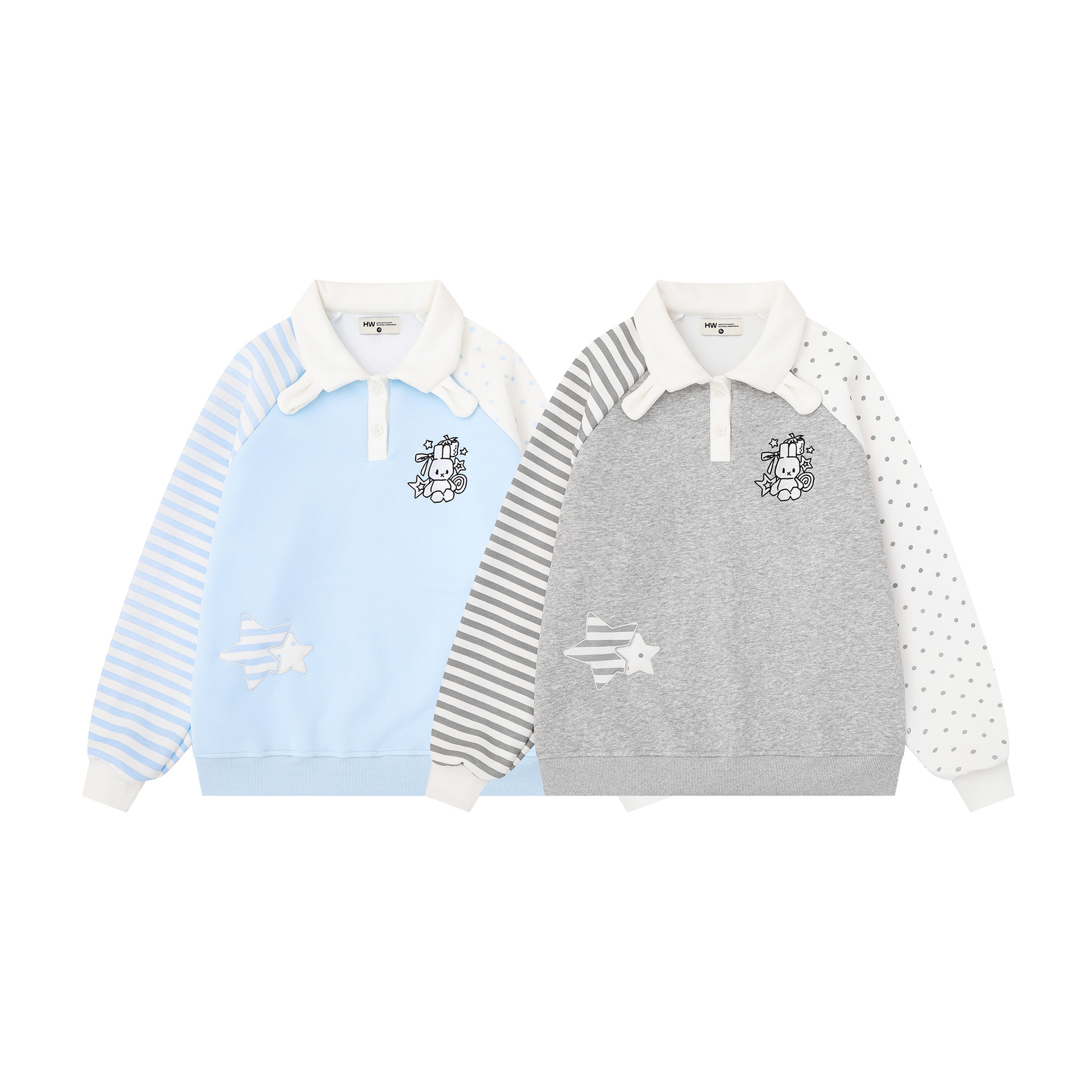 Cute Rabbit Ear Stripes Polka Dots Color Block Sleeves Rabbit Embroidery Loose Polo Collar Pullover Sweatshirt Top — image 5