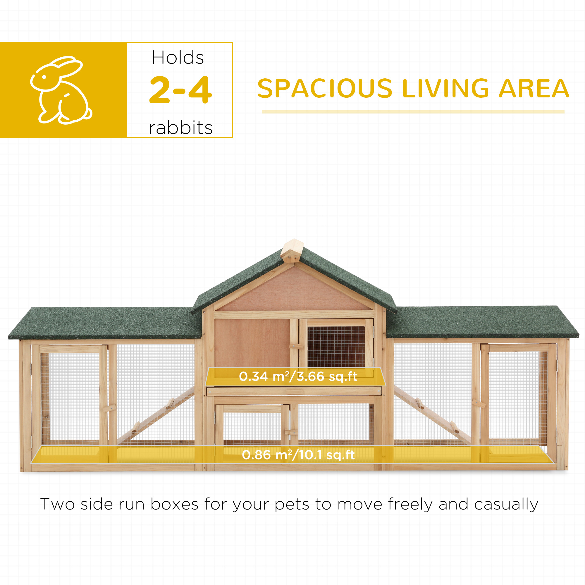 Conejera de Madera de 83", Casa Grande para Conejos con Doble Corral, Bandeja Extraíble, Techo Impermeable, Exterior, Natural — imagen 4