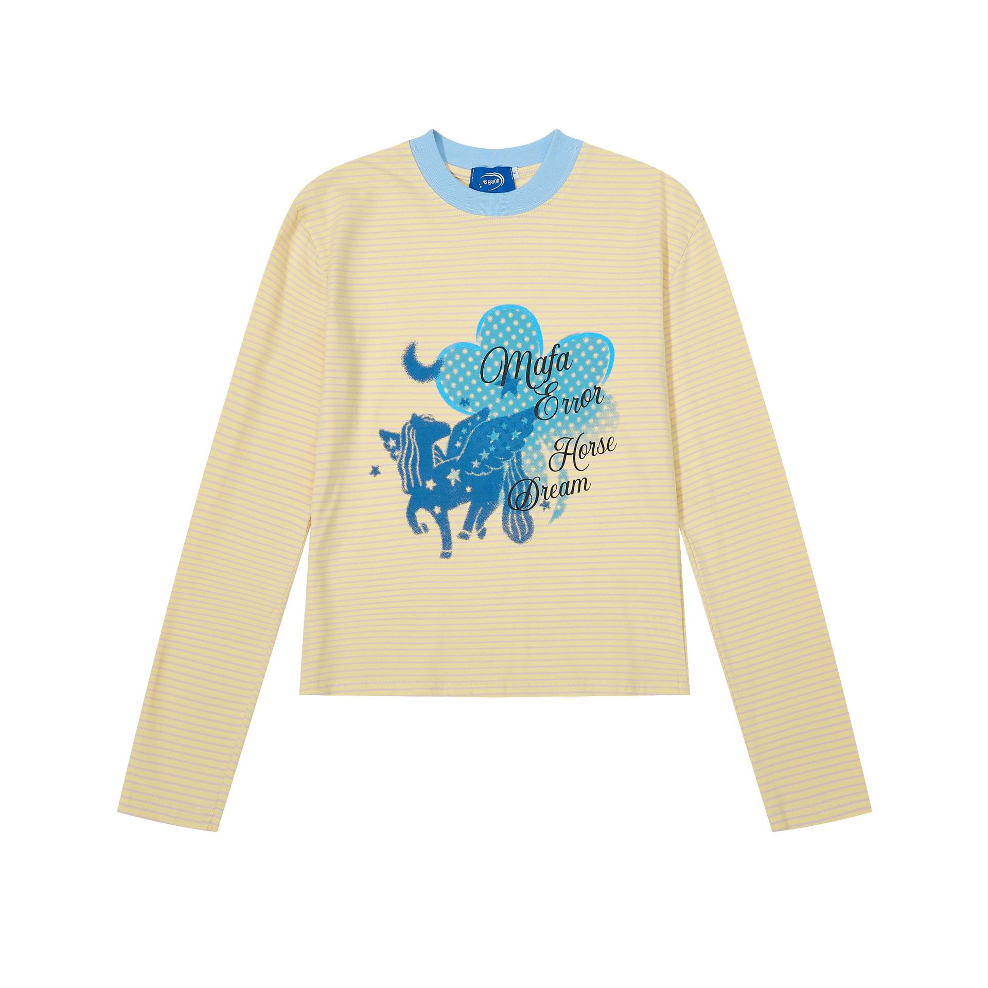 Women's Retro Long Sleeve T-Shirt - Dopamine Color-Block Striped with Cartoon Pony Print — imagen 2