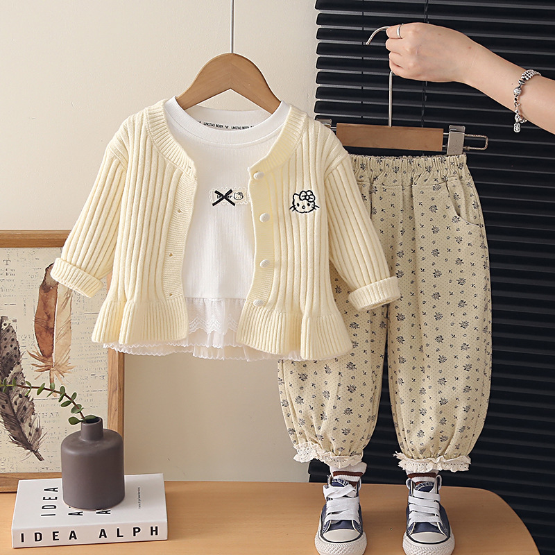 Girls 3 Piece Knit Sweater Set, Embroidered Cat Vertical Striped Cardigan Pants Outfit for 0-4 Years Old — image 2