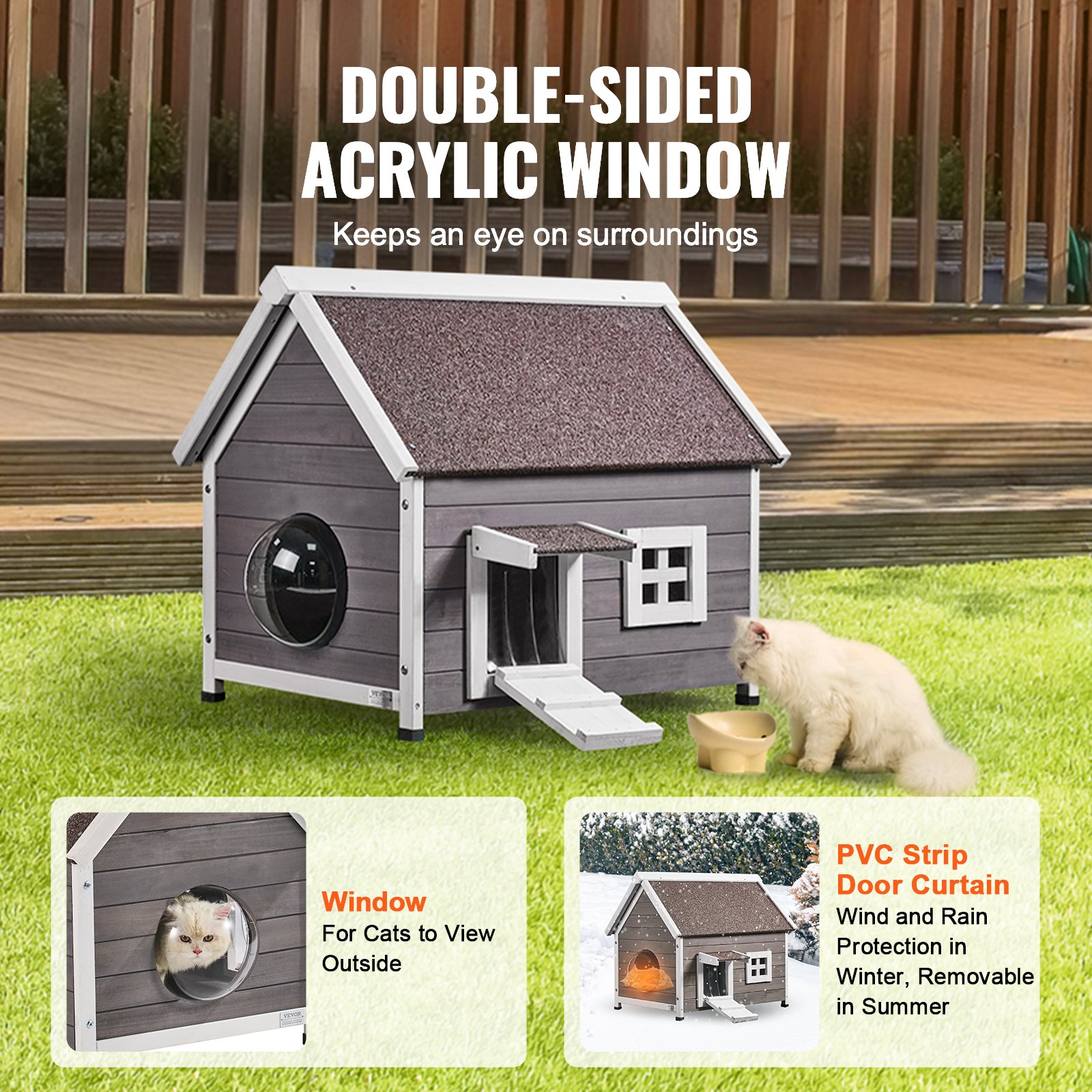 Casa para Gatos al Aire Libre Resistente al Tiempo, Refugio para Gatos Ferales para Varios Gatos, Casa de Madera para Gatos con Puerta Grande y Flap PVC, Techo Abierto, Ventana Claro, 22"L x 30"W x 26"H — imagen 3