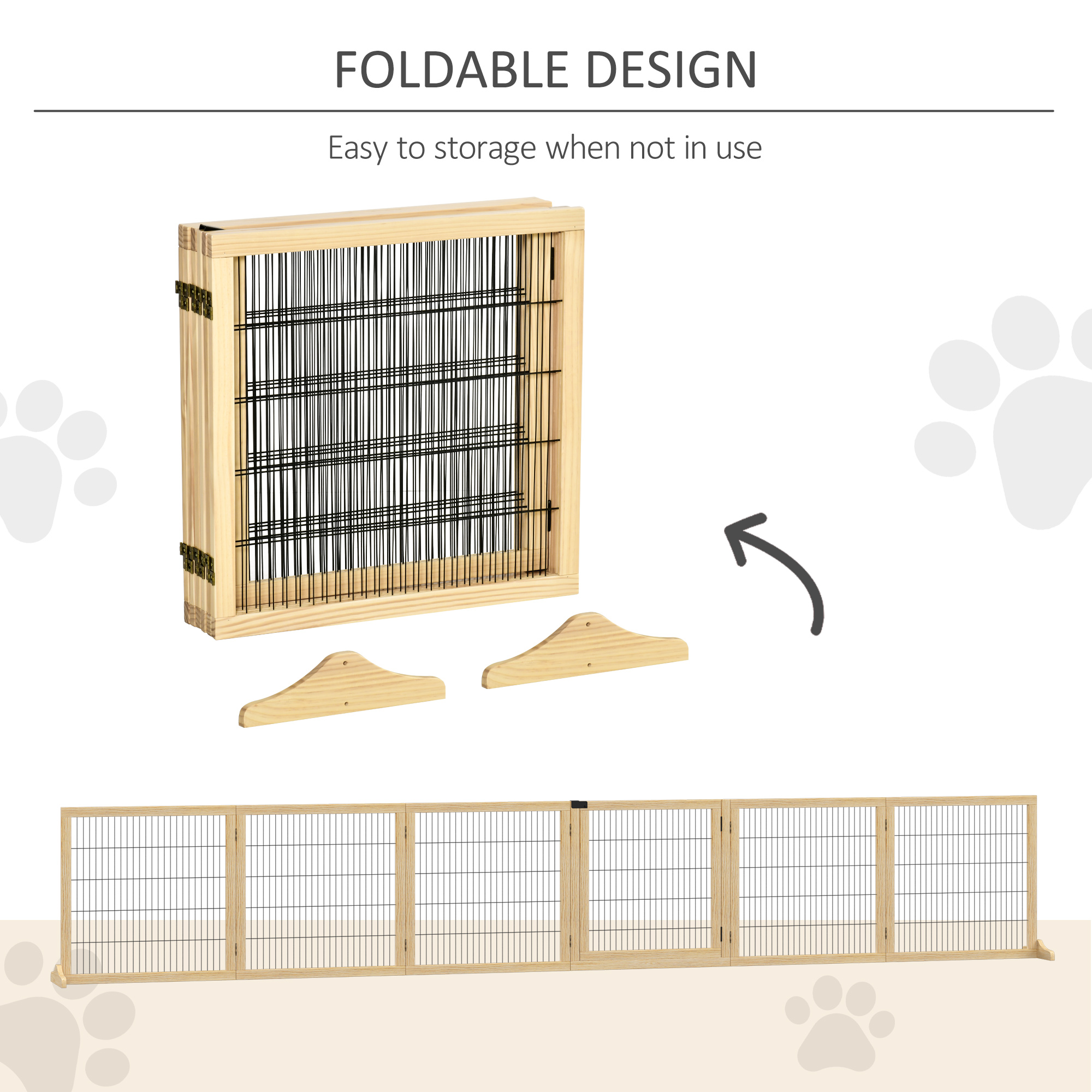 Wooden Pet Gate, 6-Panel Folding Dog Safety Barrier with Support Feet for Small & Medium Dogs, Natural Wood — image 8