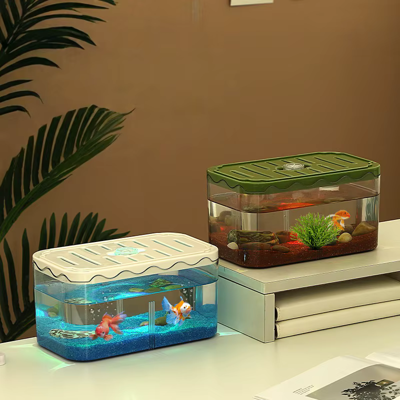 Small Fish Tank with Lights Ornamental Fish Living Bowl Desktop Eological Fish Globe Plastic Drop Resistant Partition Bucket — image 4
