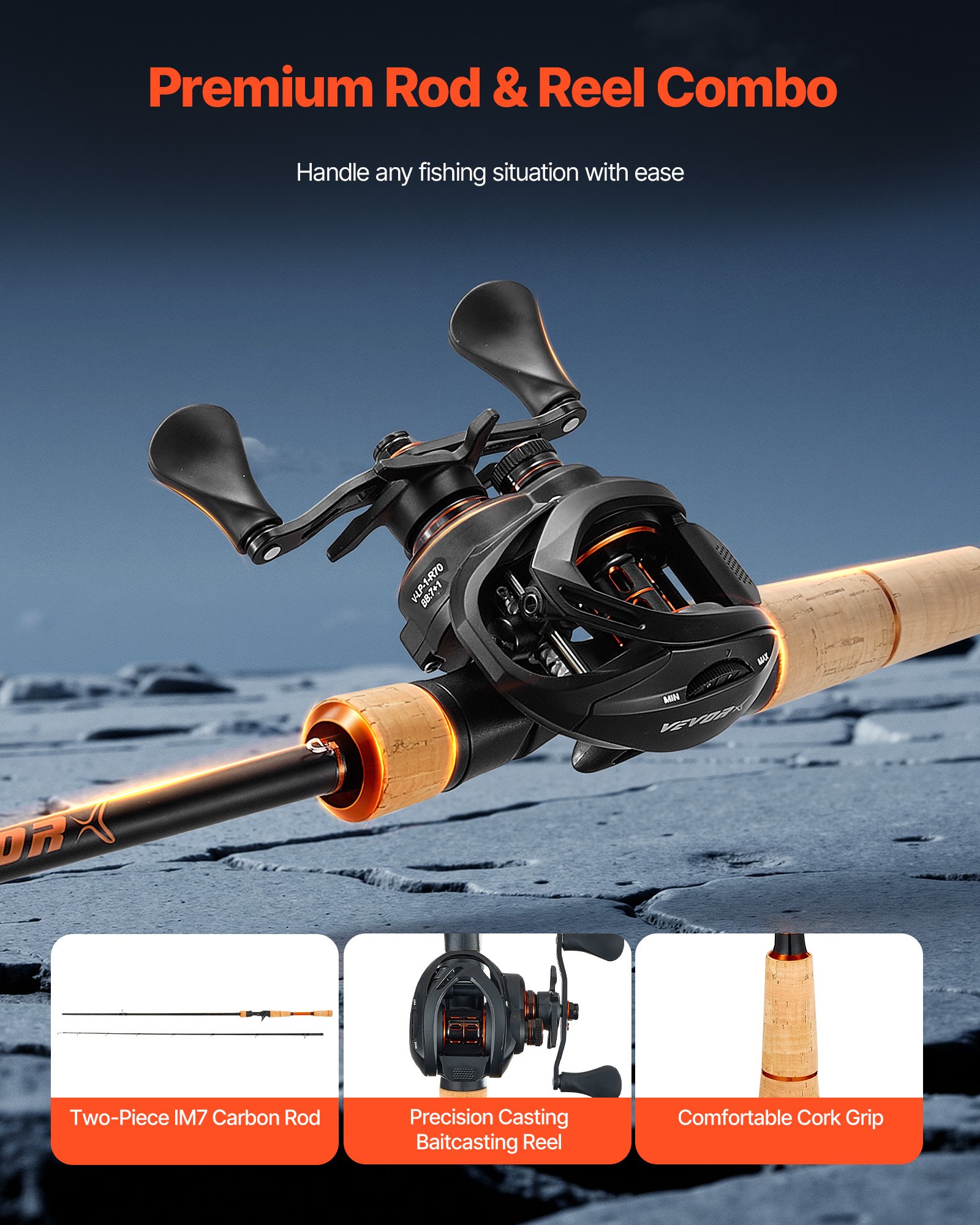 Rod And Fishing Reel Combo, IM7 Carbon Fiber Baitcasting Rod And Reel Combo, Bass Fishing Pole With 7+1 BB System, 7.0:1 Gear Ratio, Cork Handle, Stainless Steel Guides With Ceramic Rings — image 5