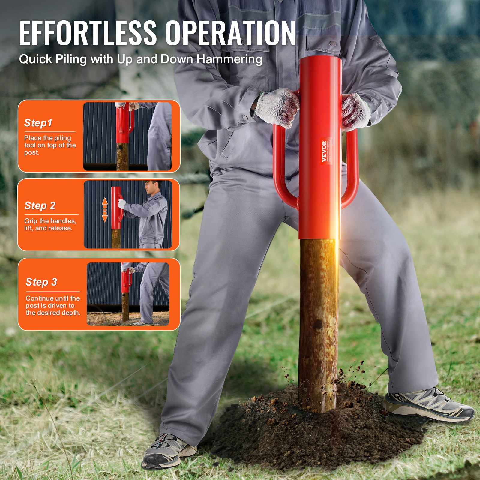 Pilador de Postes con Manijas, 2,7'' Diámetro Interior, Pila de Acero de Carbono Resistente al Corrosión para Fencing Agrícola y Construcción — imagen 4