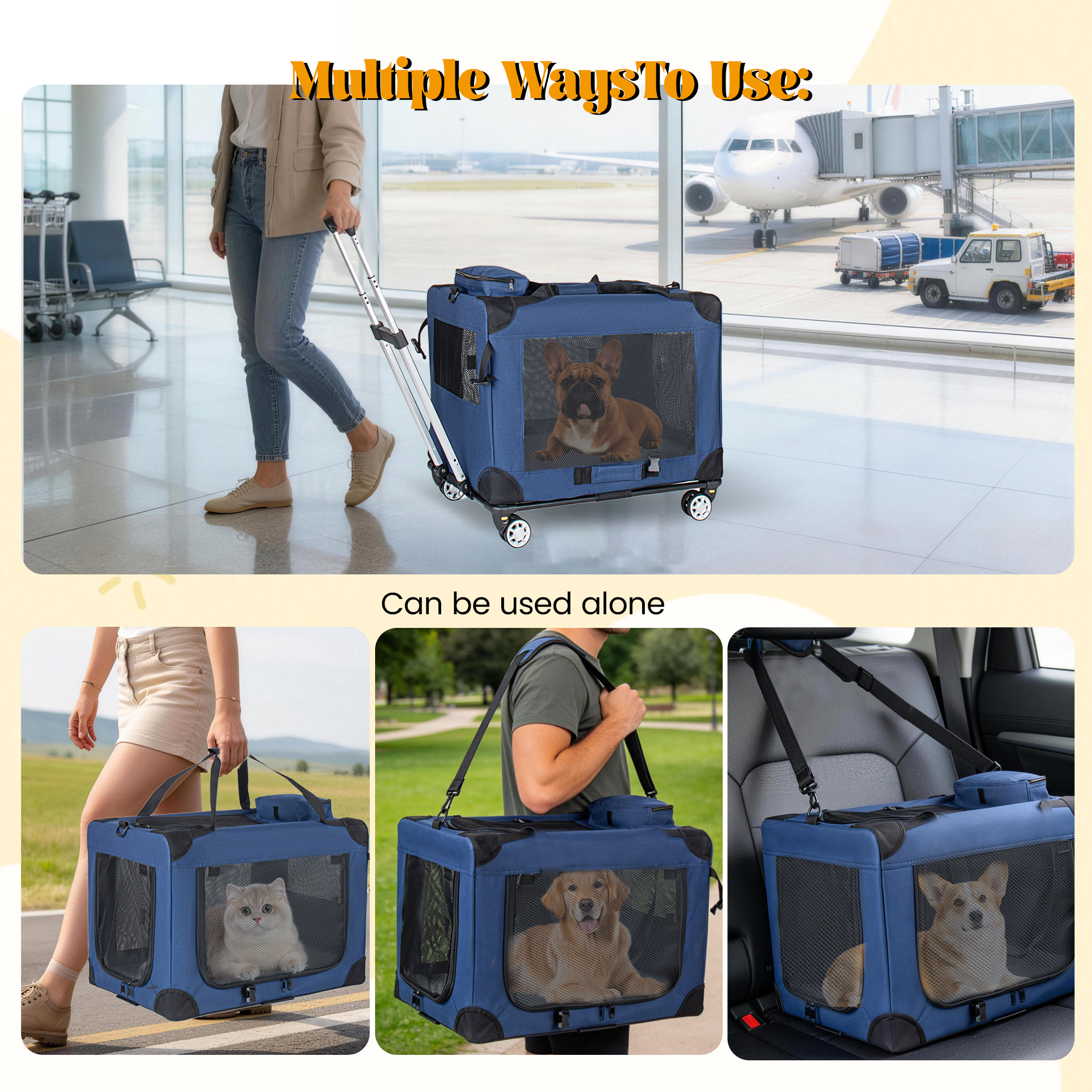 2 en 1, Jaula de Viaje Plegable de 28 Pulgadas para Perros Medianos y Grandes, Transportadora Rodante con Ruedas, Casa Portátil Plegable de 3 Puertas con Ventanas de Malla, Uso en Interior y Exterior, Azul Oscuro — imagen 4