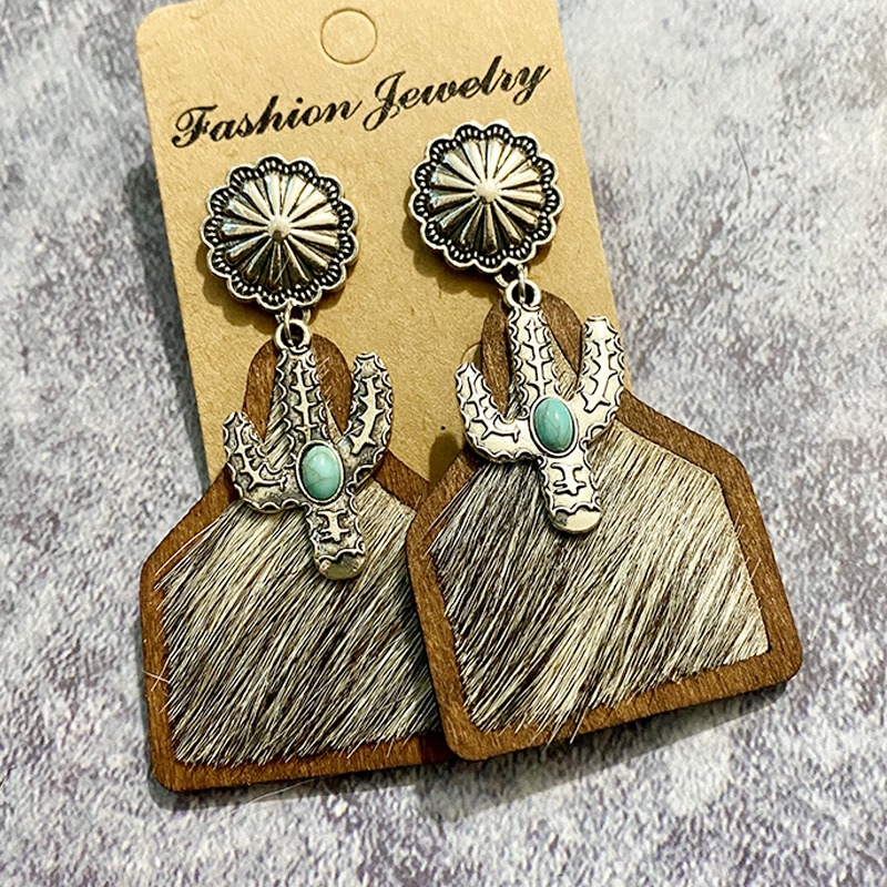 Vintage Western Earrings Bohemian Genuine Leather Cowhide Horse Hair Cow Brand Fashion Panel Earrings — image 8