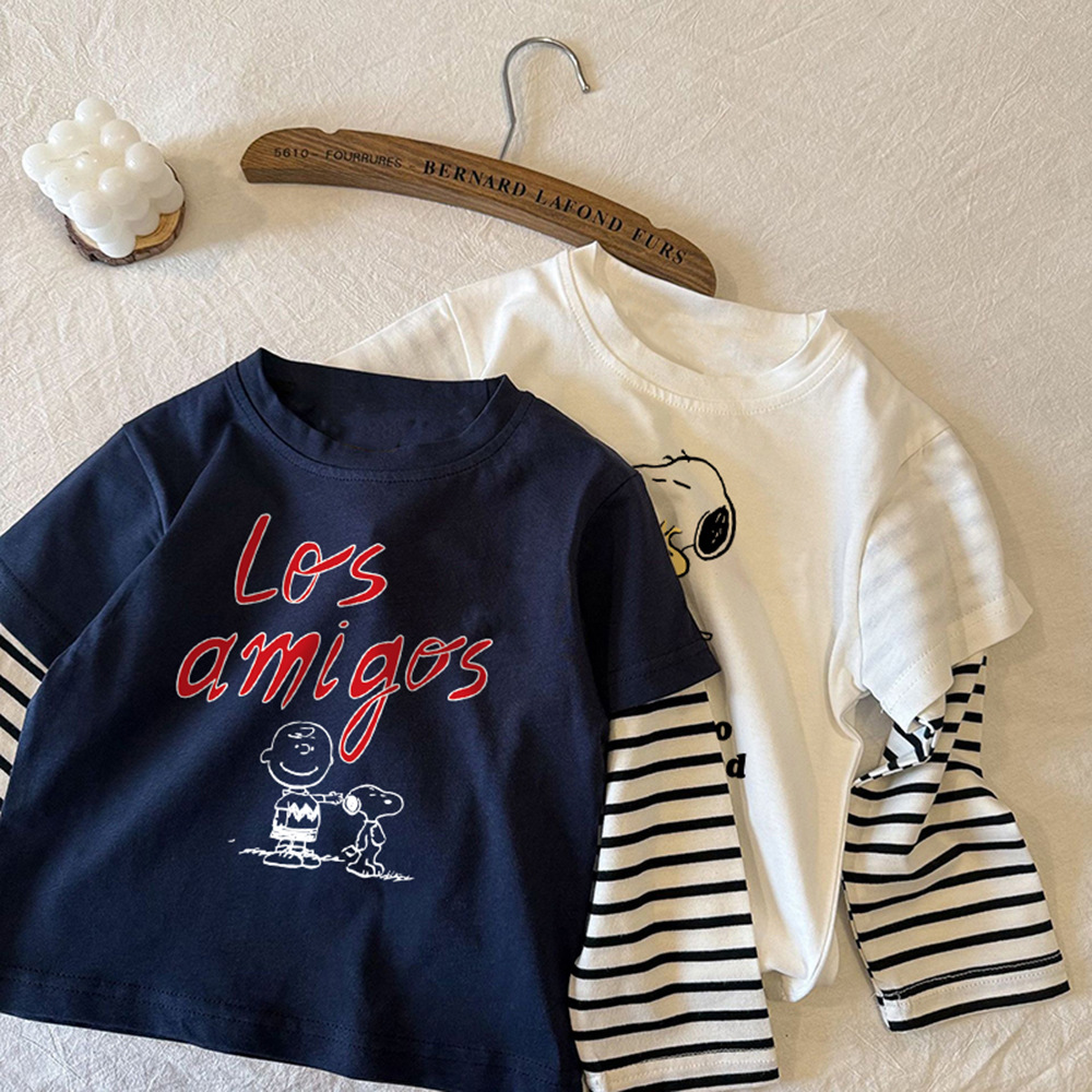 Long Sleeve Striped Faux Two-Piece Cartoon Dog Casual Cotton T-Shirt — image 3