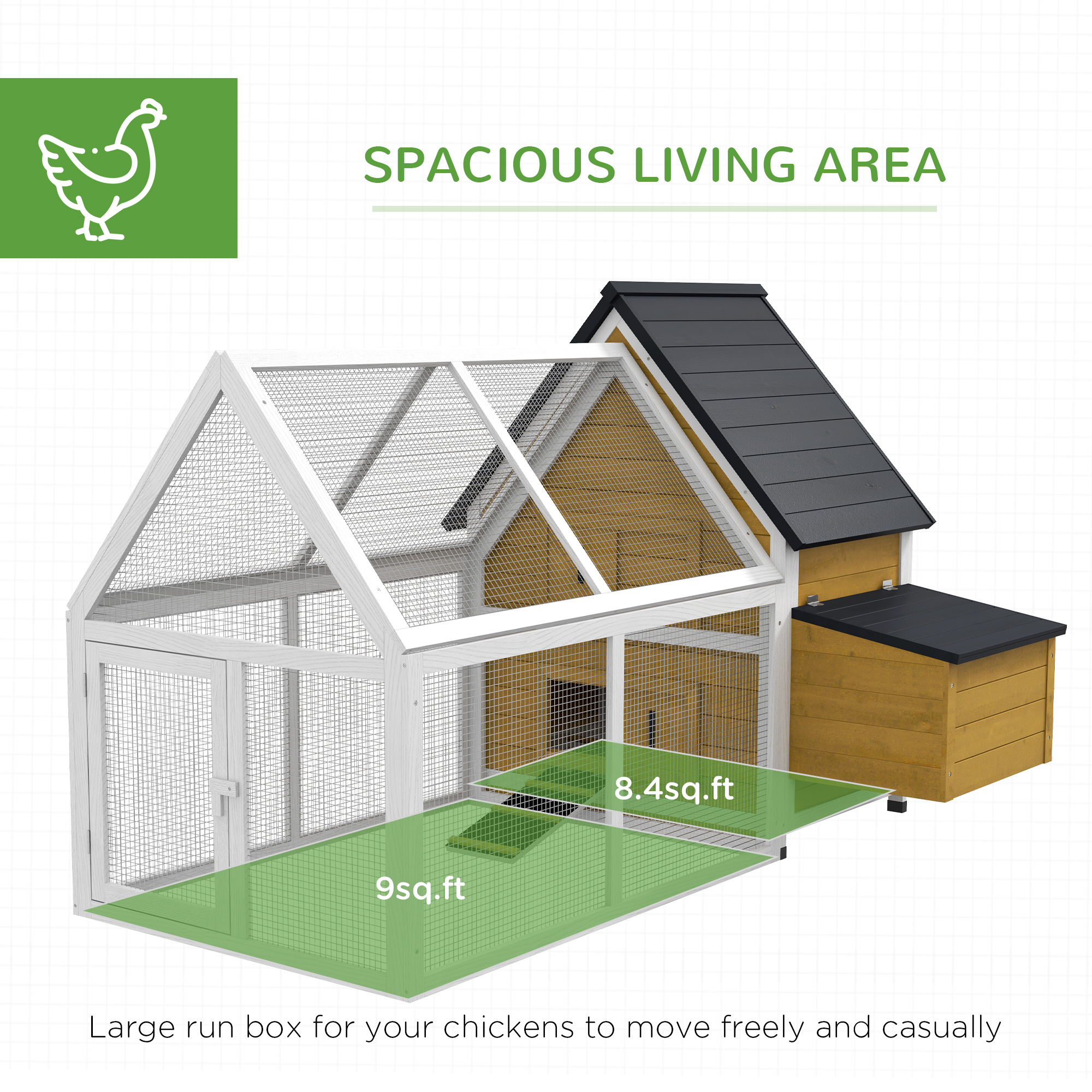 65" Chicken Coop Wooden Chicken House Rabbit Hutch Poultry Cage Hen Pen Backyard with Nesting Box, Ramp, Run, Yellow — image 2