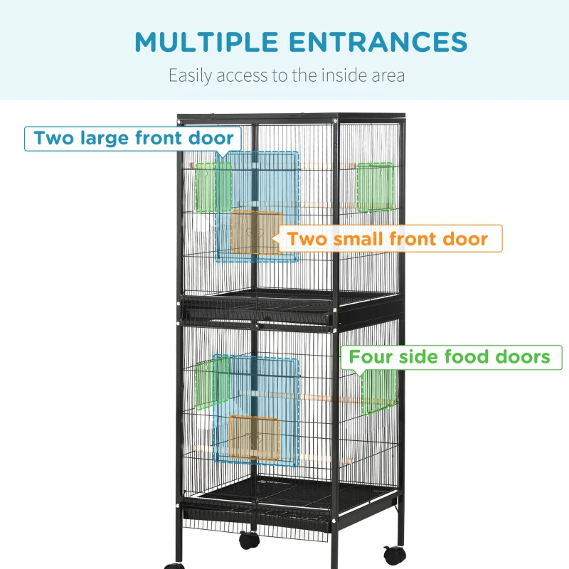 2 In 1 Bird Cage Aviary Parakeet House For Finches, Budgies With Wheels, Black — imagen 9