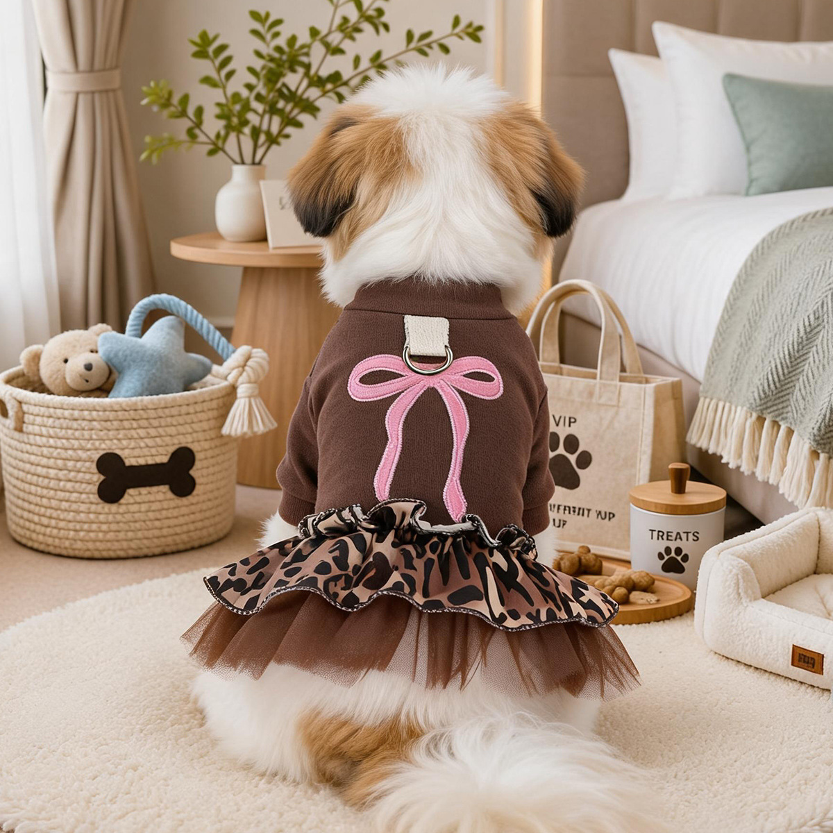Pet Clothes Spring Autumn Small Dog Puppy Windproof Warm Bohemian Style Leopard Print Sweet Dress — image 2