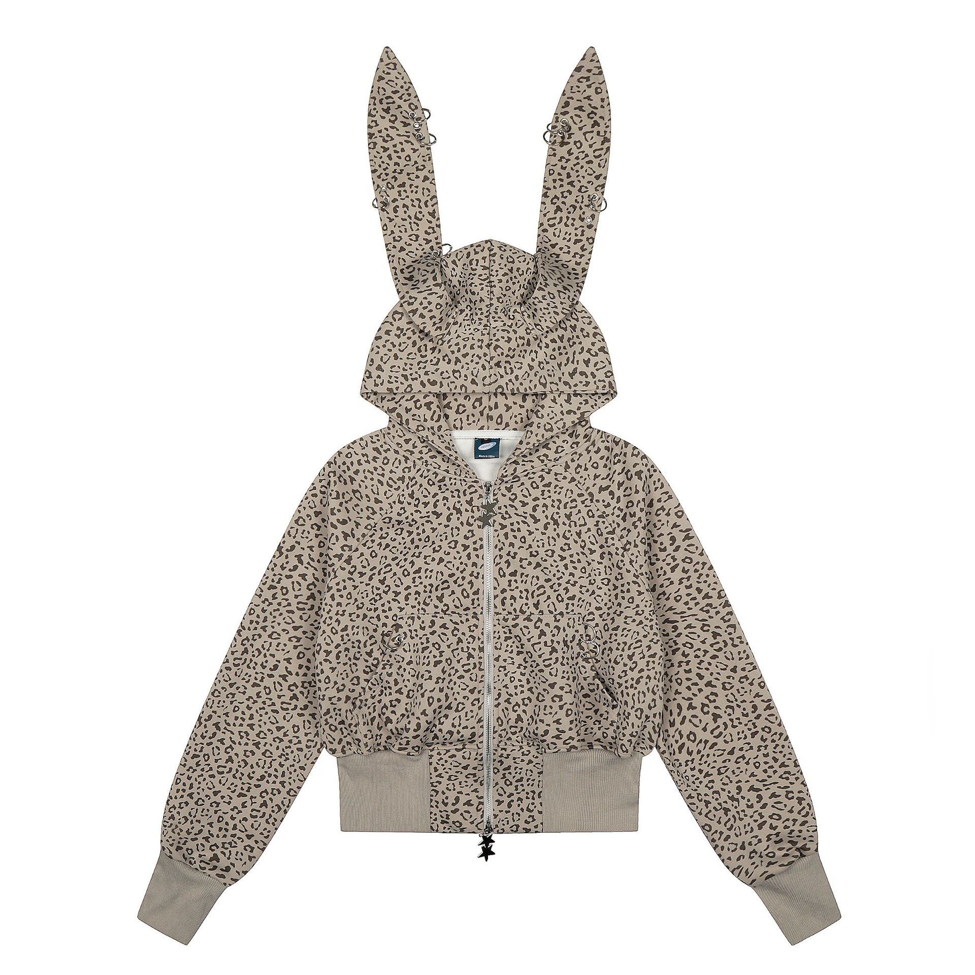 Sweet Cool Leopard Print Hooded Crop Sweatshirt with Metal Ring Detail High Waist Jacket — image 2