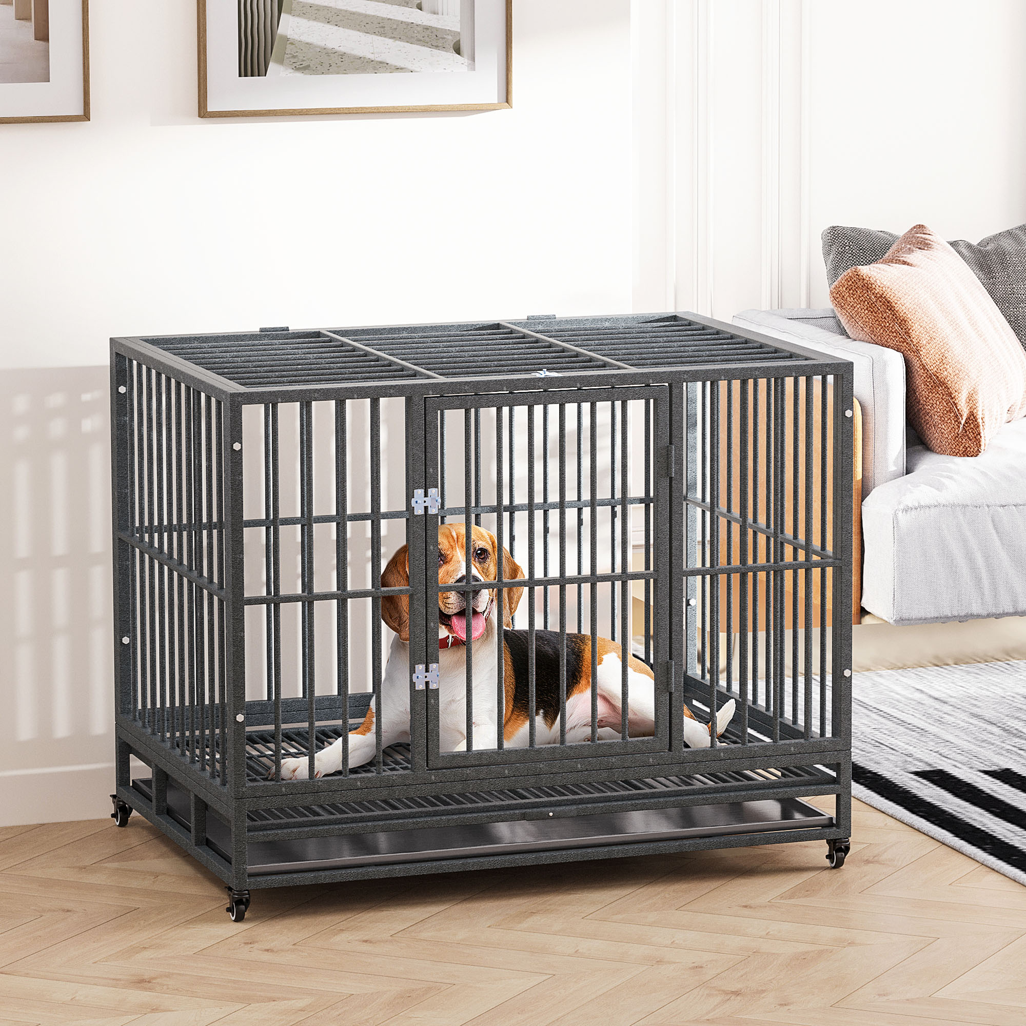 43" Heavy Duty Dog Crate Metal Cage Kennel with Lockable Wheels, Double Door and Removable Tray, Gray — imagen 1