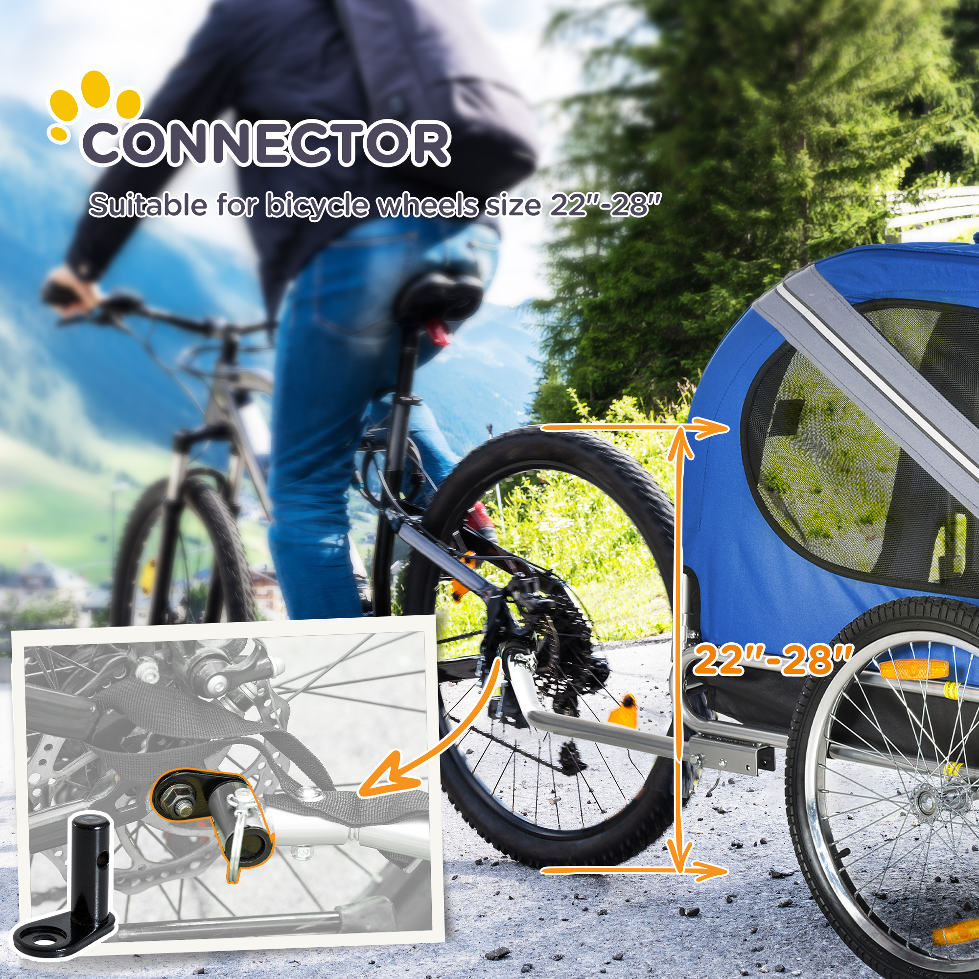 Trailer de bicicleta para perros, carrito de paseo para mascotas con armazón plegable fácil, ruedas de goma grandes de 20", 3 entradas, pantalla de malla, trailer de bicicleta para perros para terrenos difíciles y viajes, azul y blanco — imagen 8