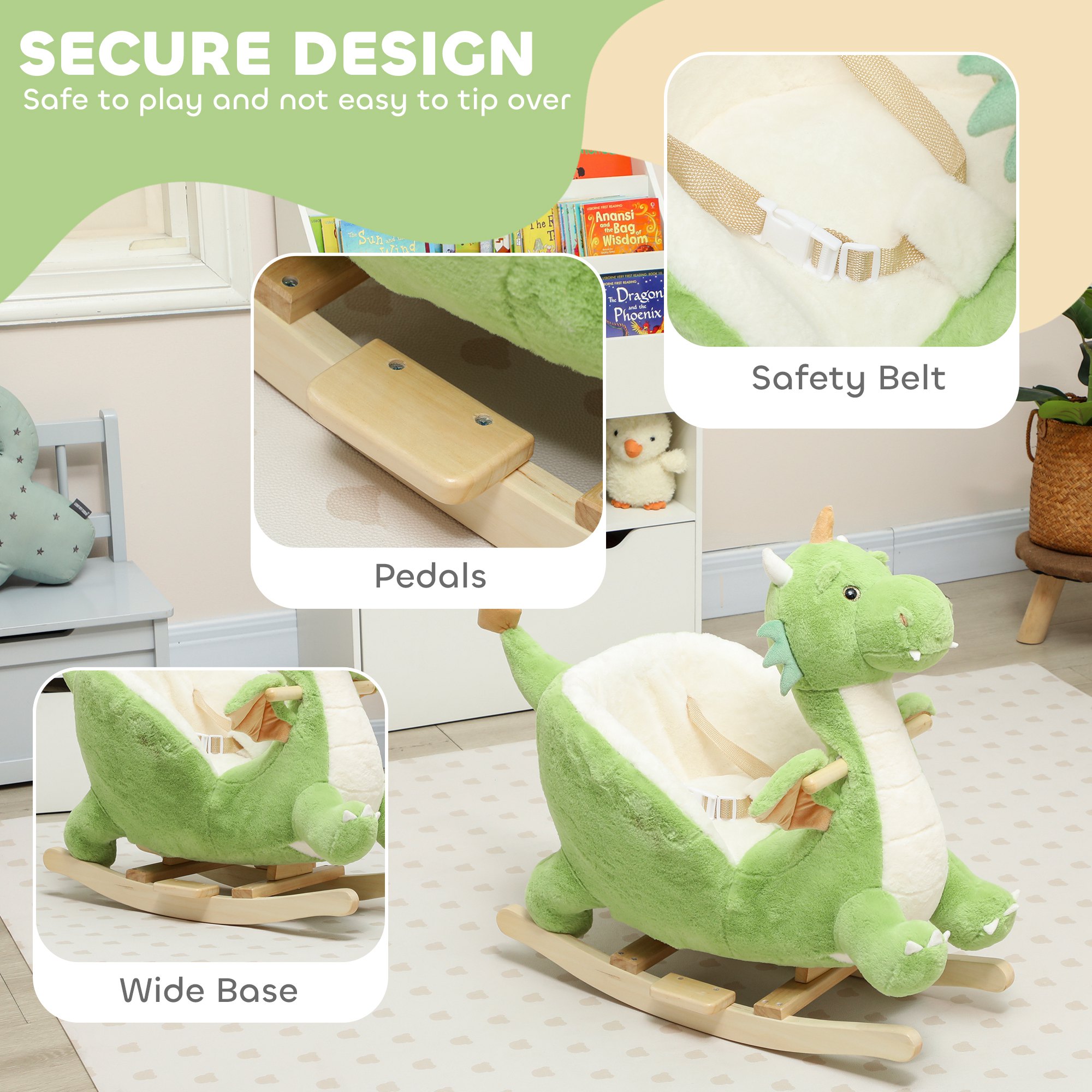 Baby Rocking Horse, Kids Ride On Dragon Toy with Realistic Dragon Roar and Safety Belt for Kids 18–36 Months, Green — image 4