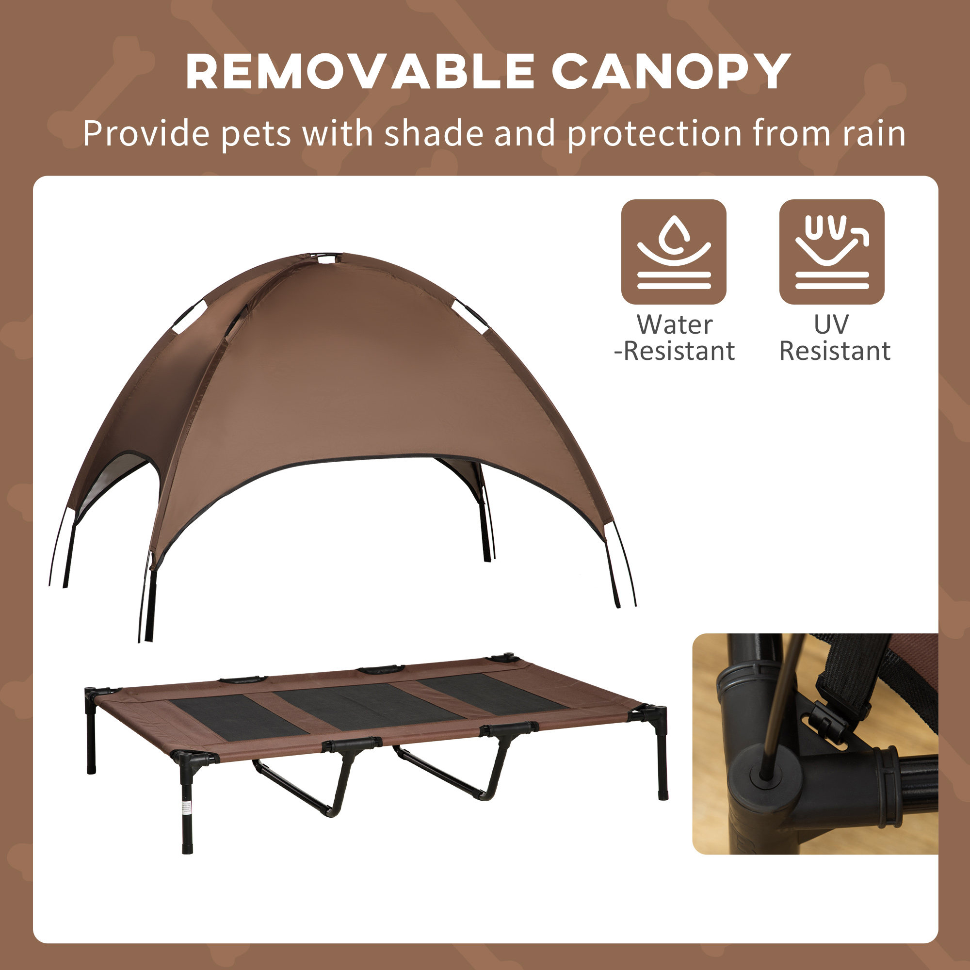 Camastro Portátil Elevado para Perro de 48" x 36" con Toldo de Protección UV, Café — imagen 2