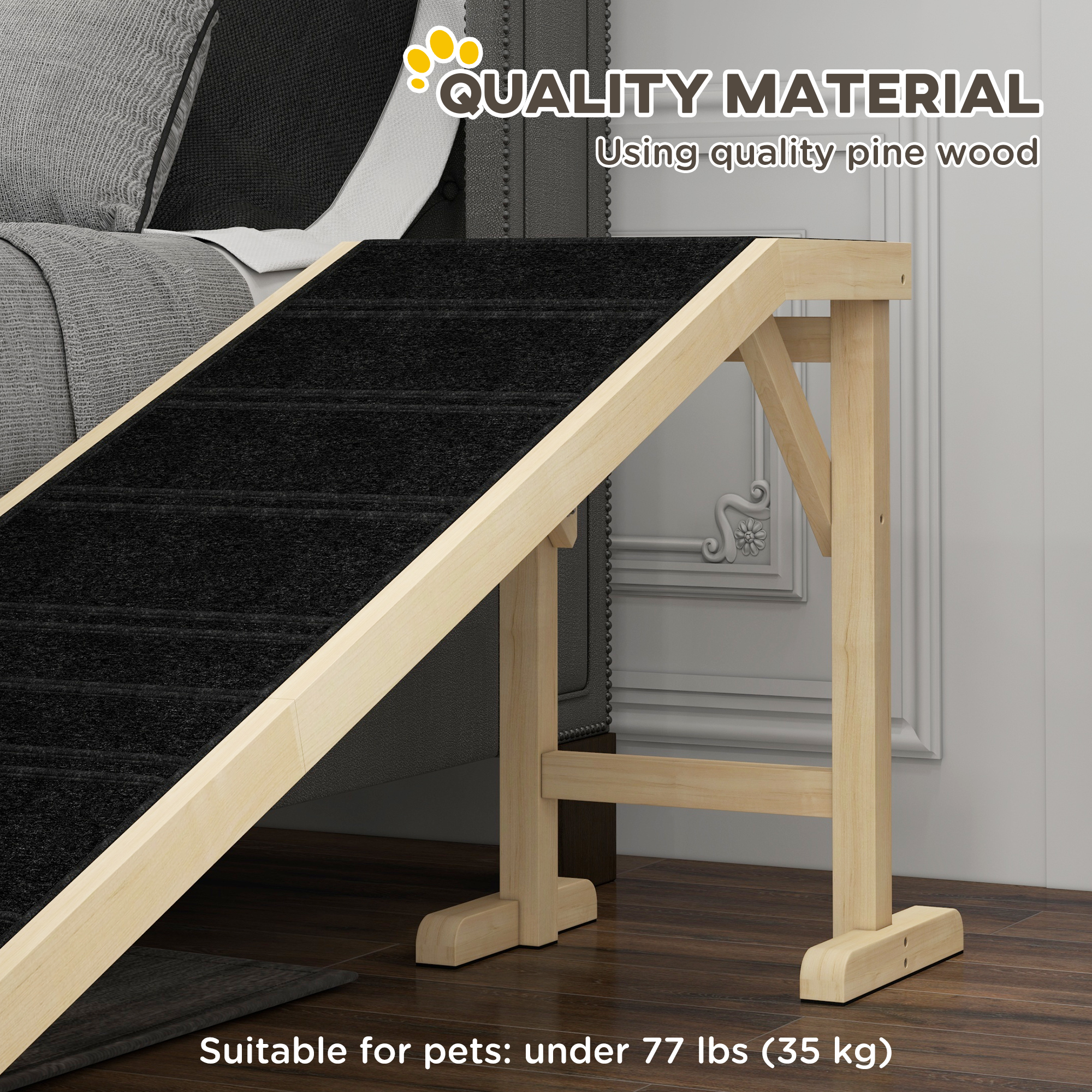Paso para Perros para la Cama, Rampa de Mascotas con Alfombra Antideslizante y Plataforma Superior, 74" x 16" x 25", Natural — imagen 5