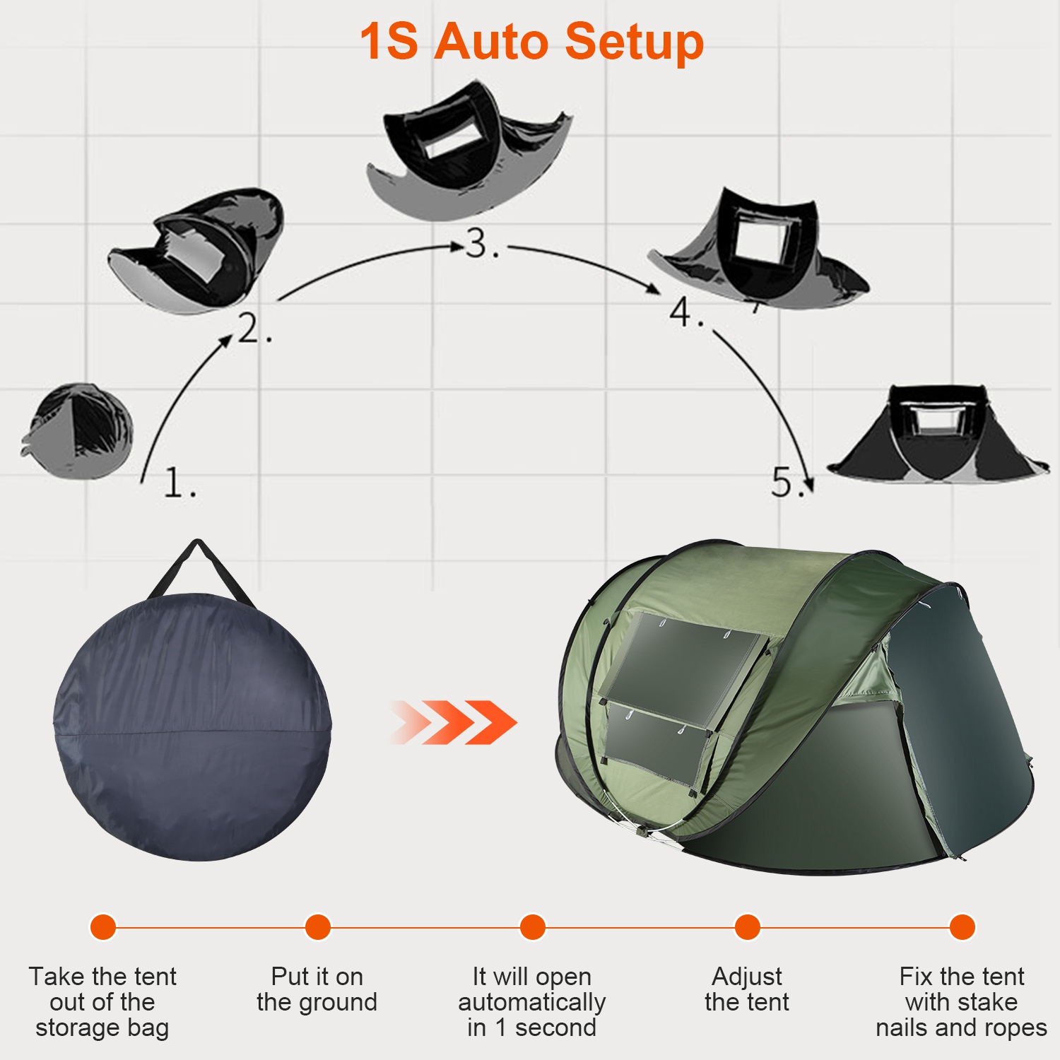 Carpa para 5-8 Personas de Armado Automático, Carpa de Camping Impermeable de Instalación Instantánea con 4 Ventanas con Mosquitero, Bolsa de Transporte, Ideal para Senderismo, Escalada, Aventura y Pesca — imagen 7