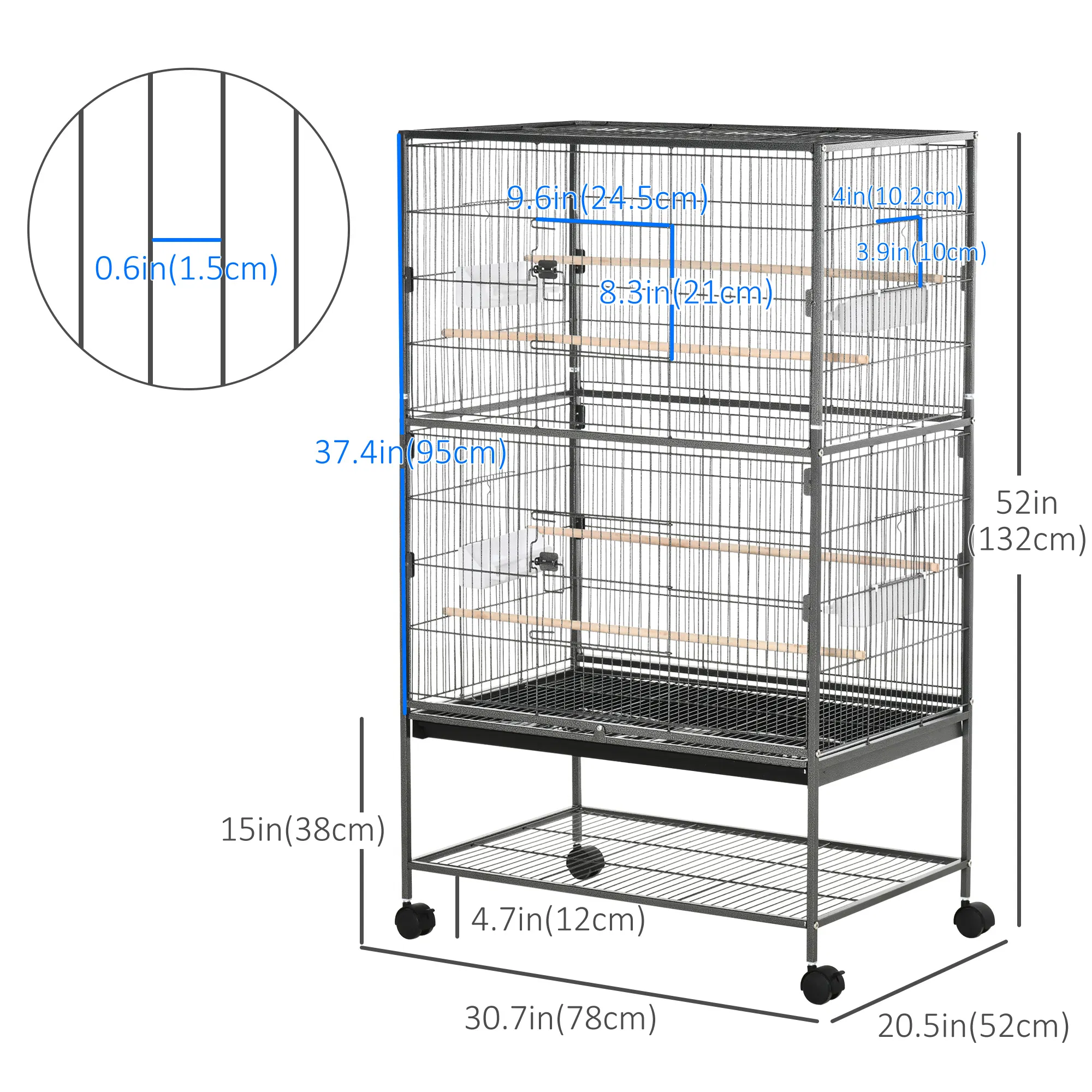 52'' Large Rolling Steel Bird Cage Bird House with Rolling Stand, Storage Shelf, Wood Perch, Food Container, Dark Grey — image 3