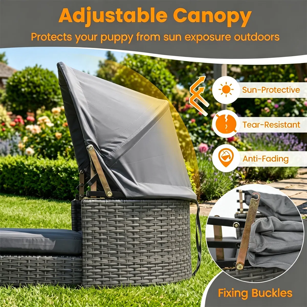 Gray Hand-Woven PE Rattan Dog Bed with Adjustable Canopy, Elevated Outdoor Pet Daybed with Washable Plush Cushion, Anti-Slip Breathable Pet Shelter for Indoor Patio Garden — image 8