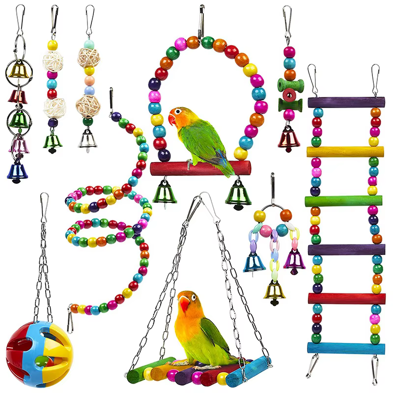 Paquete de 10 Juguetes para Jaula de Aves, Confiables y Masticables - Columpio, Puente Colgante, Cuentas de Madera, Pelota y Campana (en existencia) — imagen 1