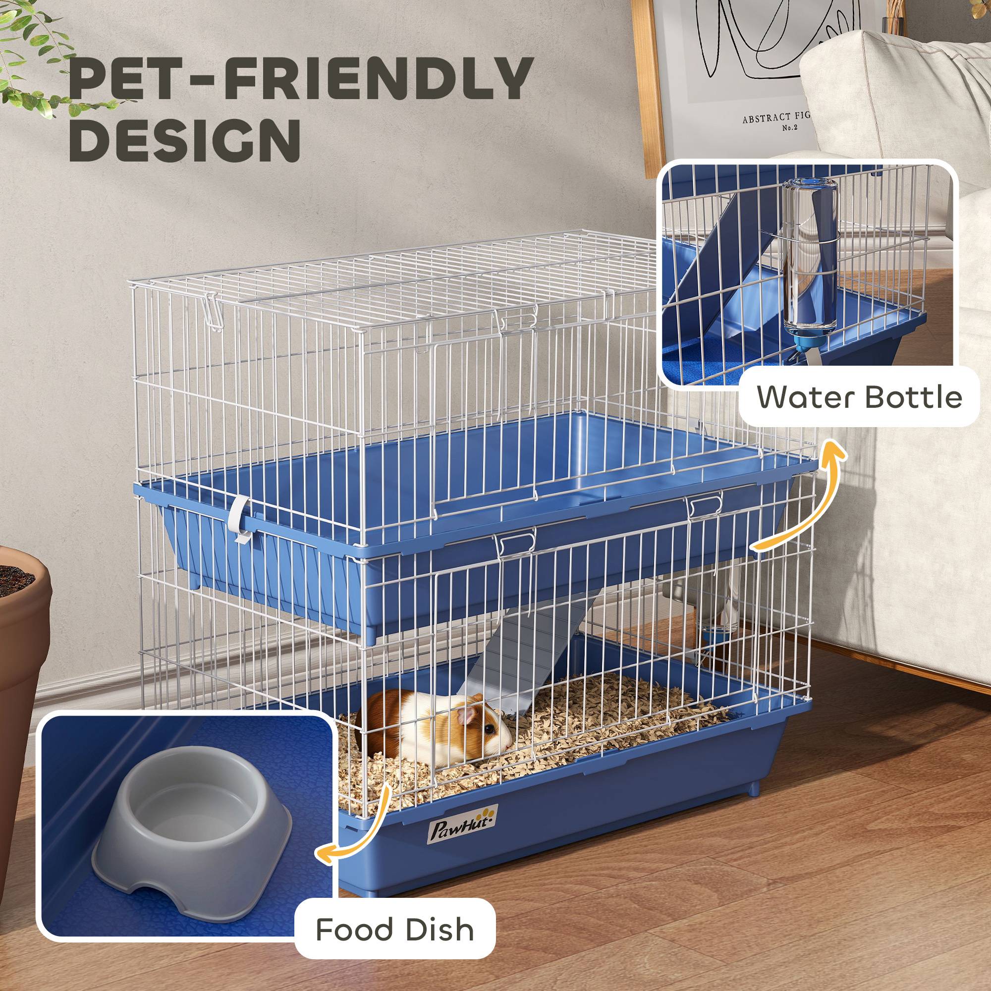 Jaula de 2 Niveles para Cobayas, Hurones, Chinchillas, Jaula para Animales Pequeños de Interior con Plato y Bebedero, 2 Puertas, Bases Profundas, Rampa, 28", Azul — imagen 8