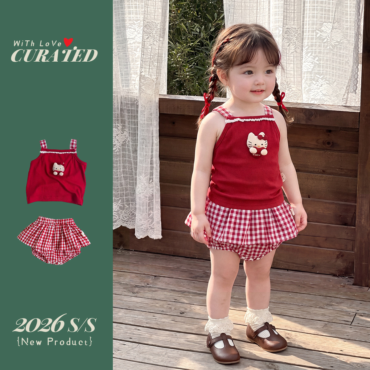 Conjunto de Dos Piezas para Niñas Pequeñas, Top con Cuello de Gato y Falda Plaid — imagen 2