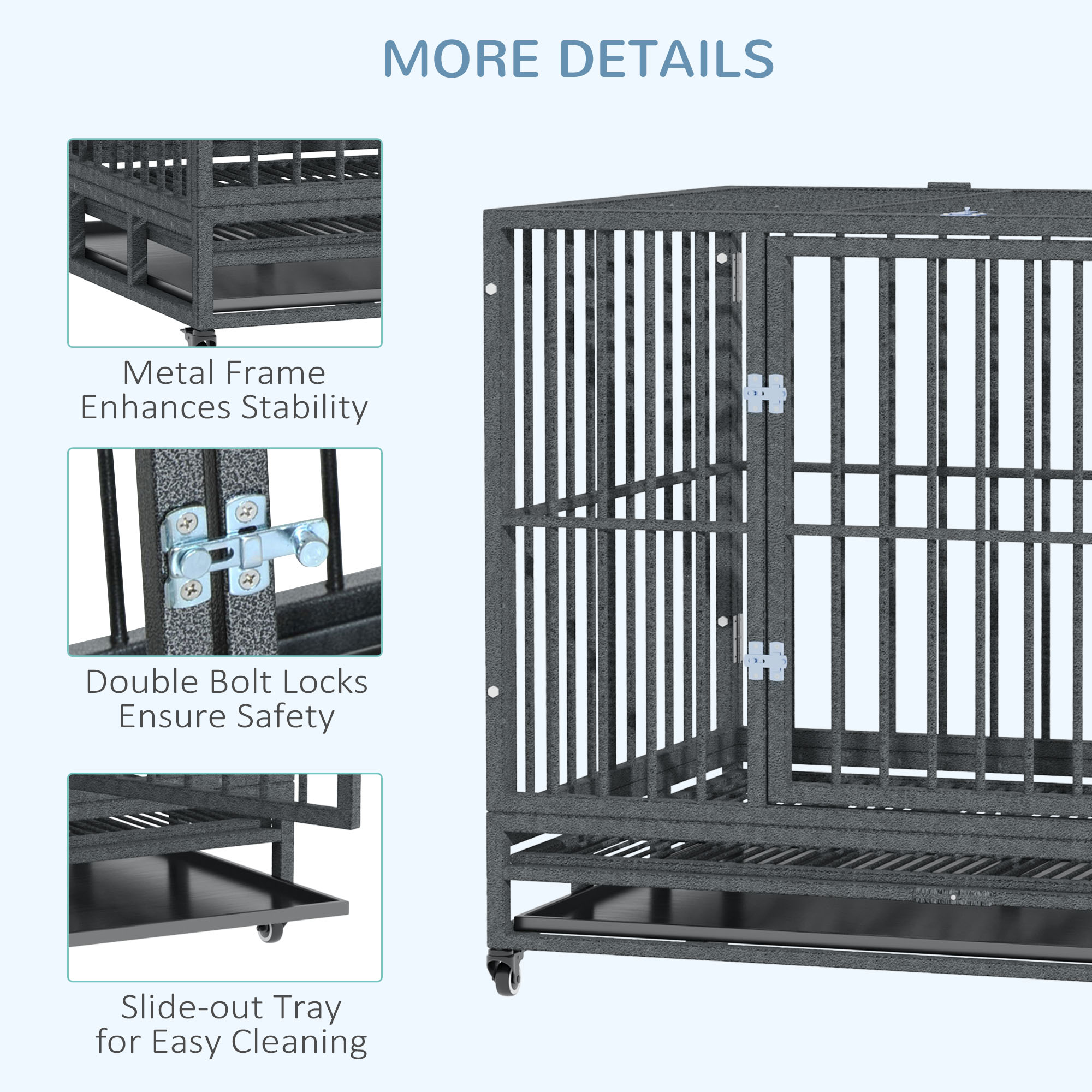 43" Heavy Duty Dog Crate Metal Cage Kennel with Lockable Wheels, Double Door and Removable Tray, Gray — imagen 5