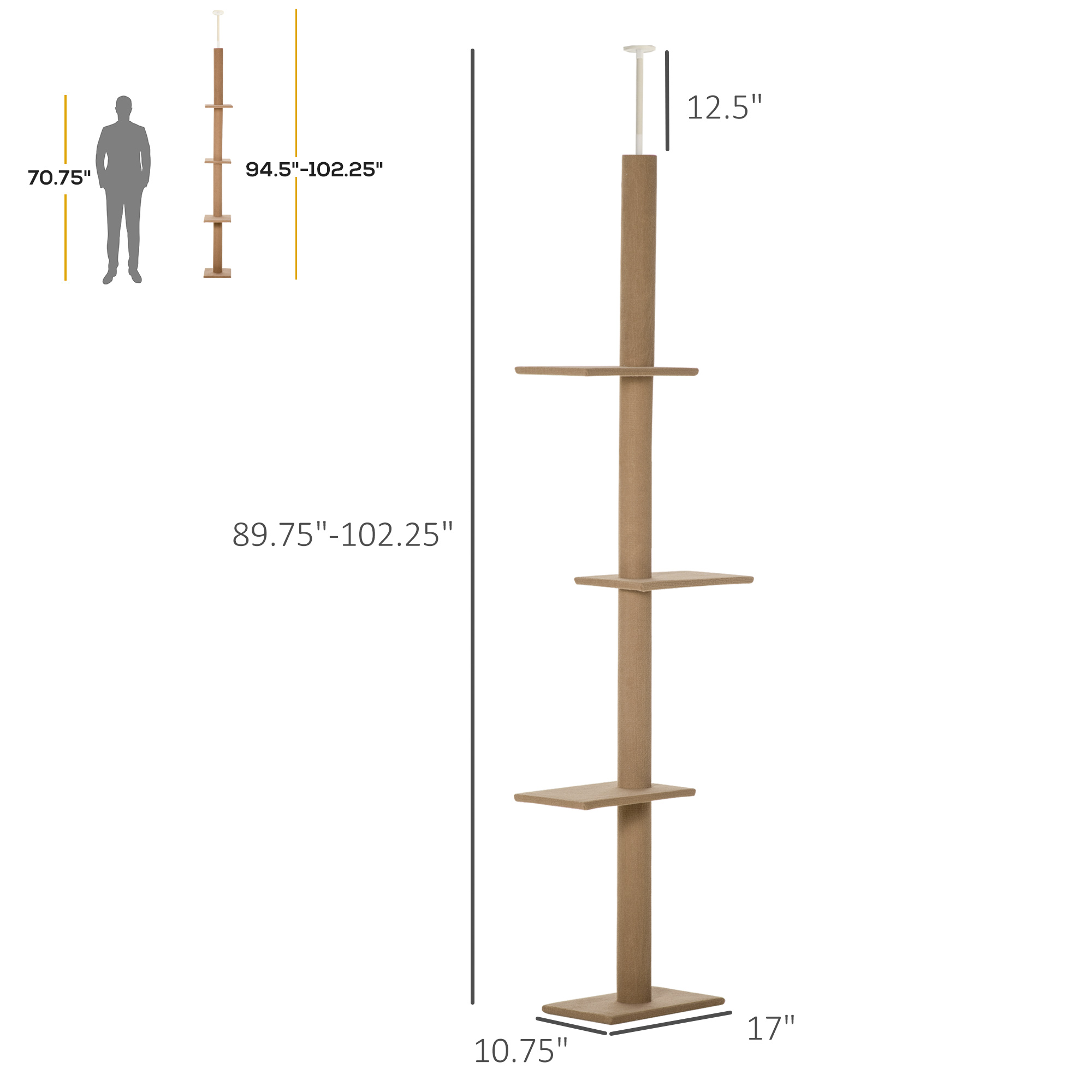 Árbol de Gatos de Piso a Techo con Postes de Rastrillado en Sisal, Centro de Actividad Natural para Gatos, Color Madera — imagen 3